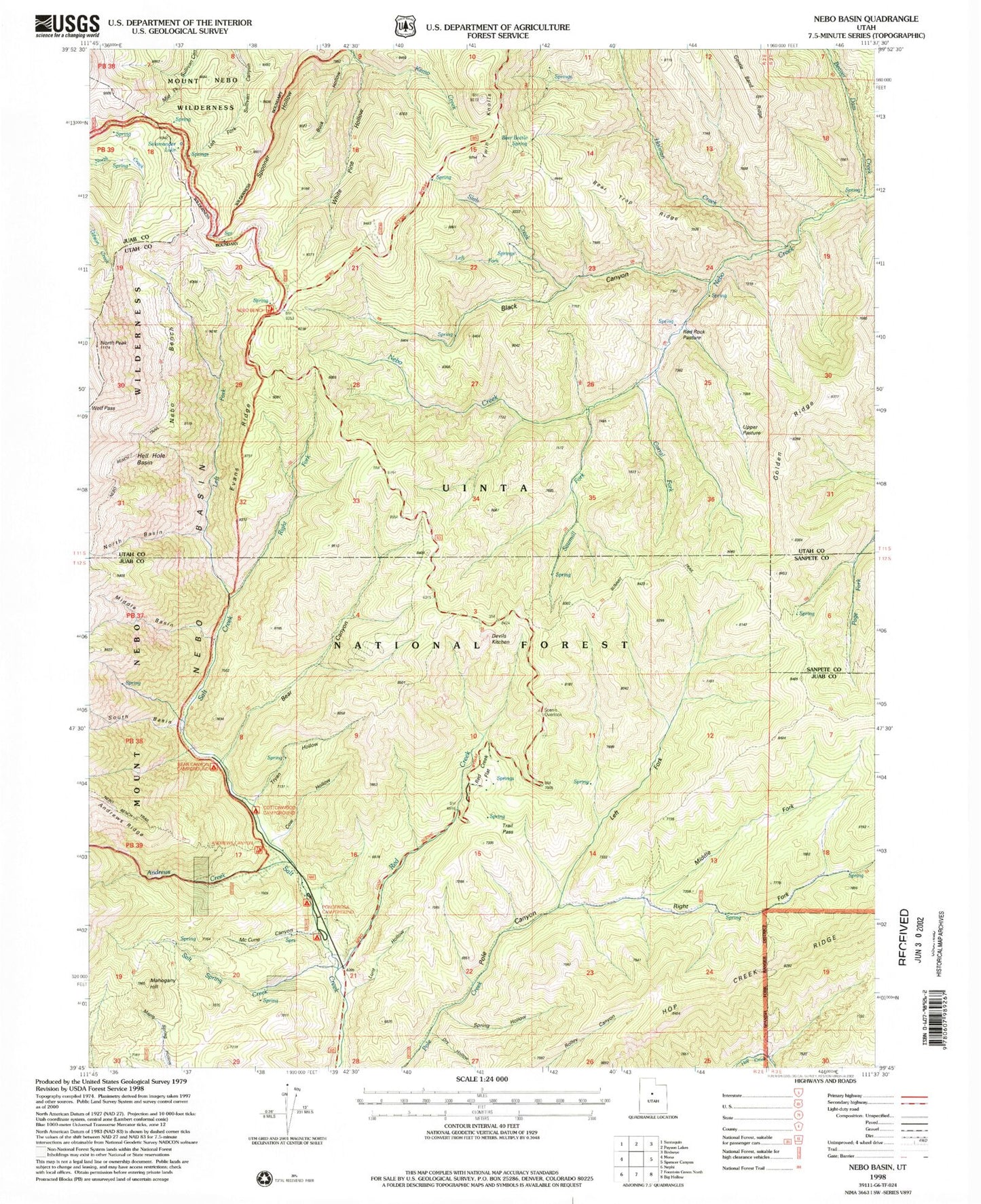 Classic USGS Nebo Basin Utah 7.5'x7.5' Topo Map Image
