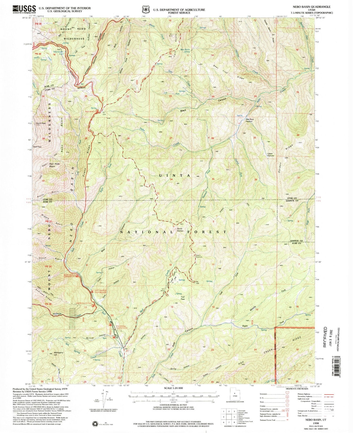 Classic USGS Nebo Basin Utah 7.5'x7.5' Topo Map Image