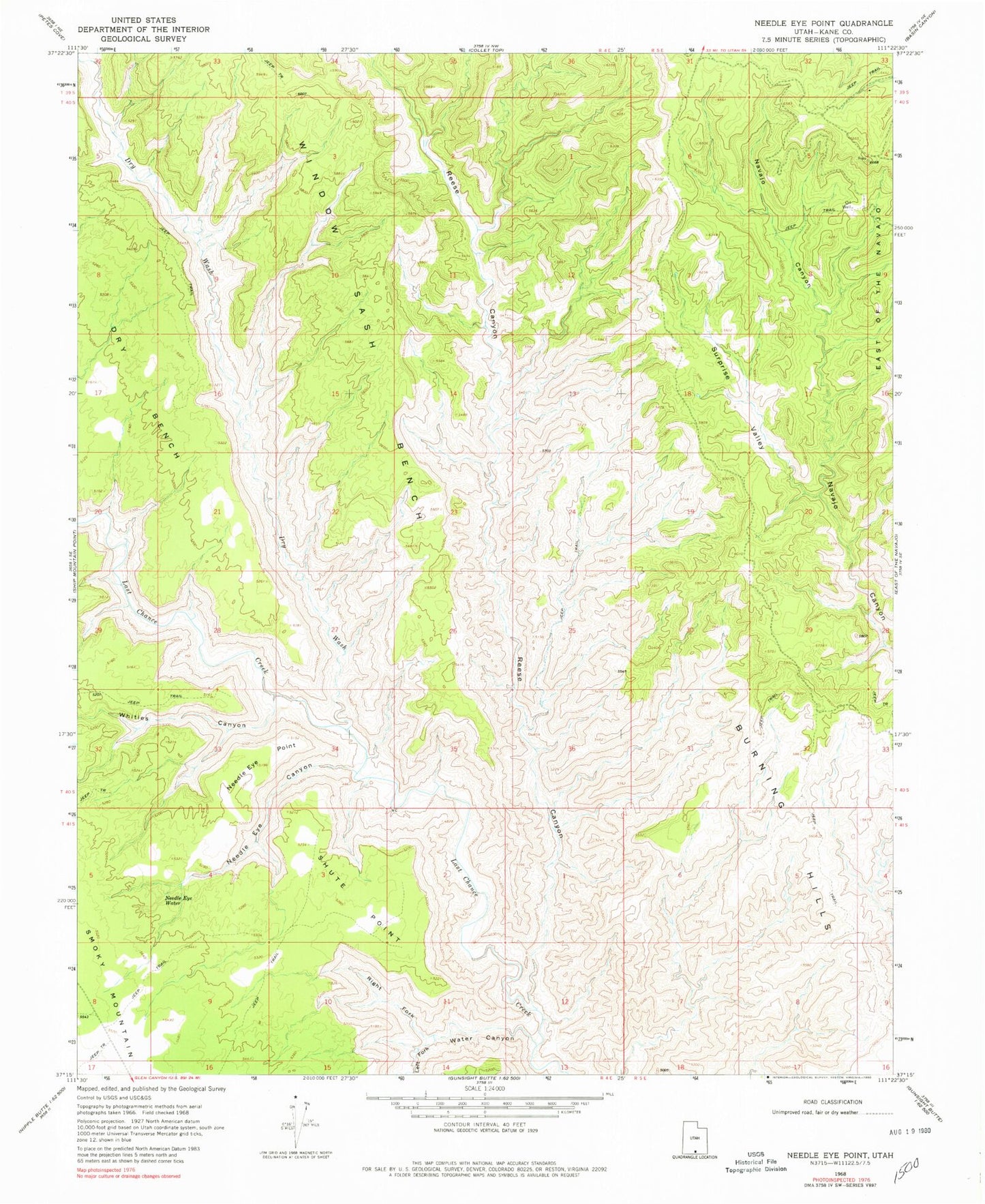 Classic USGS Needle Eye Point Utah 7.5'x7.5' Topo Map Image