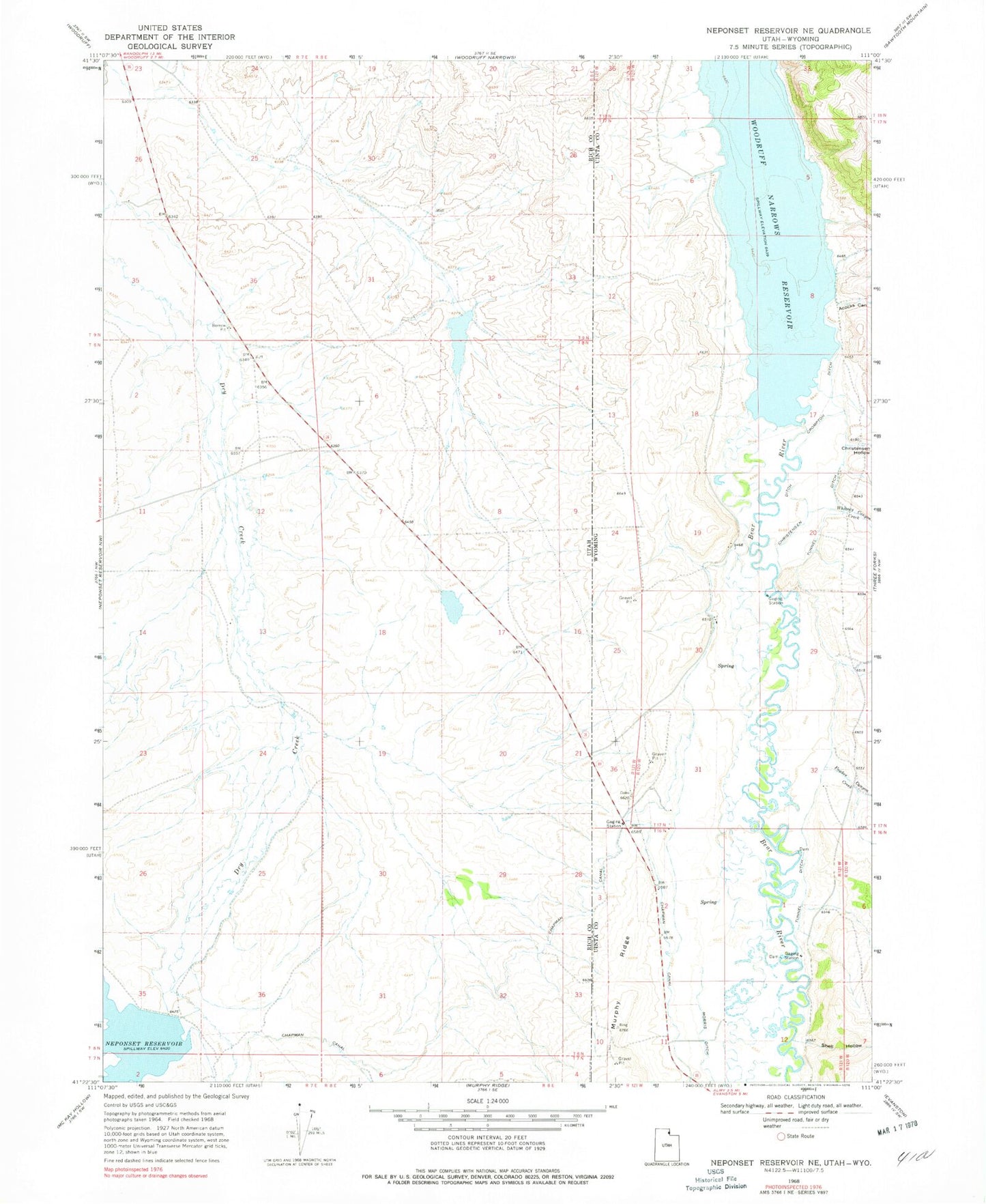 Classic USGS Neponset Reservoir NE Utah 7.5'x7.5' Topo Map Image