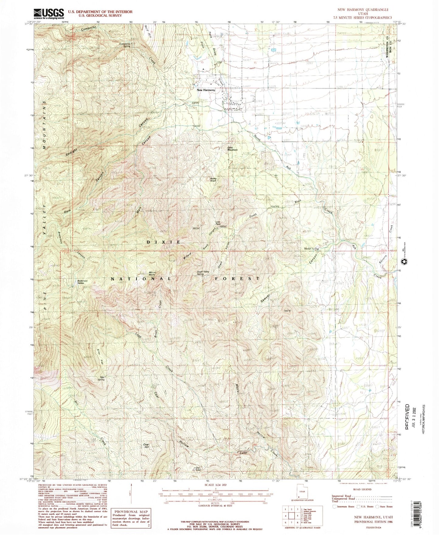 Classic USGS New Harmony Utah 7.5'x7.5' Topo Map Image