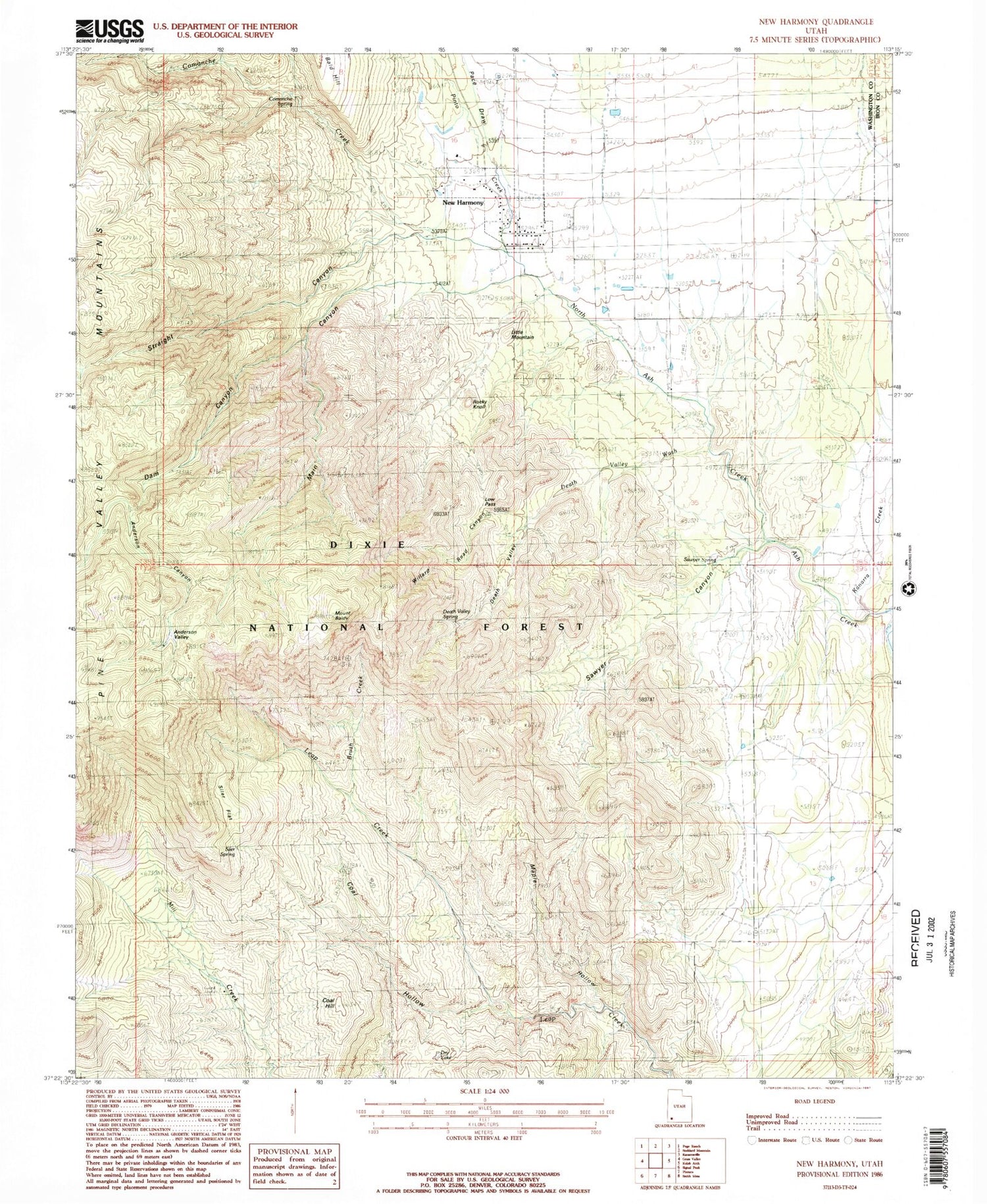 Classic USGS New Harmony Utah 7.5'x7.5' Topo Map Image