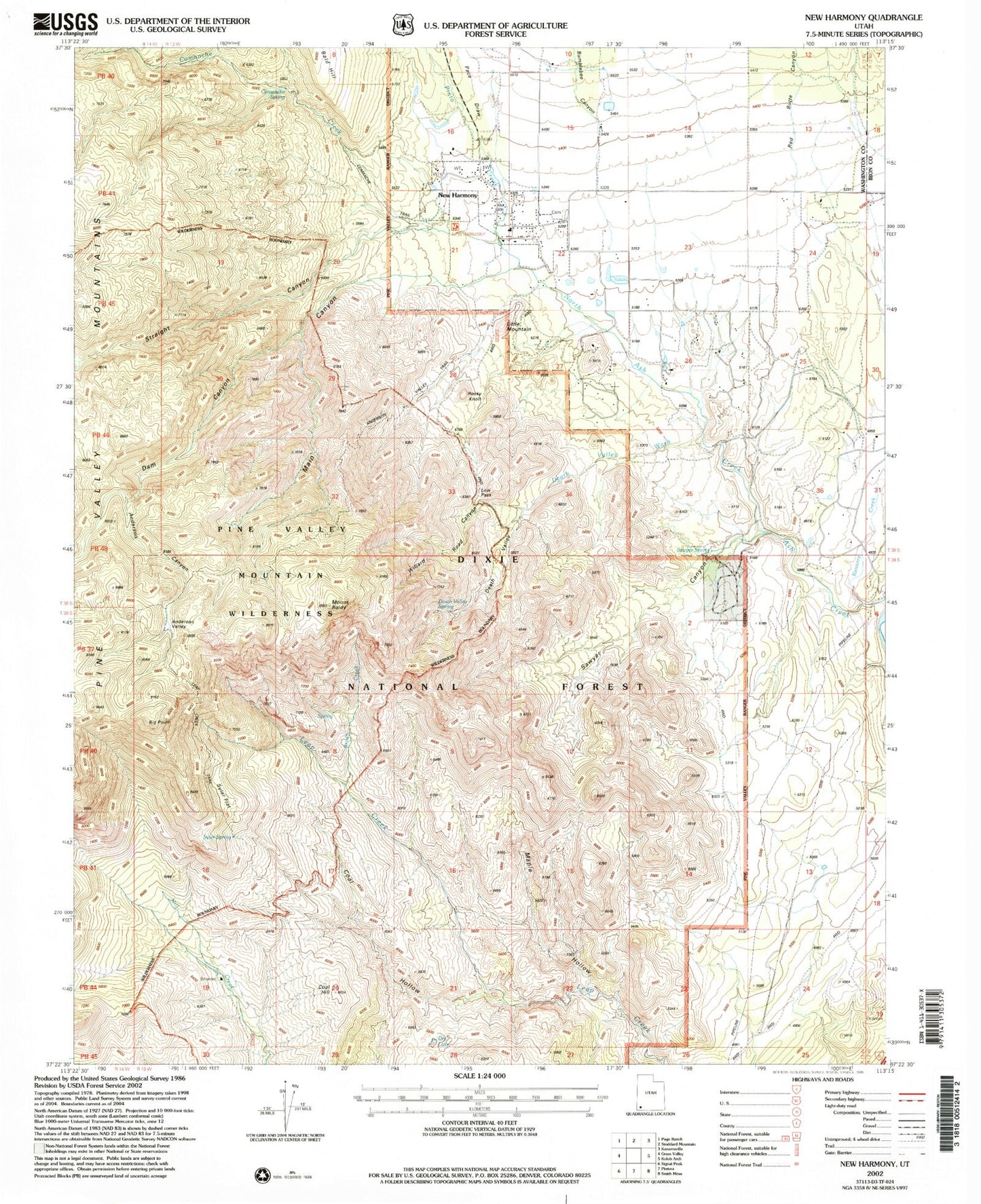 Classic USGS New Harmony Utah 7.5'x7.5' Topo Map Image