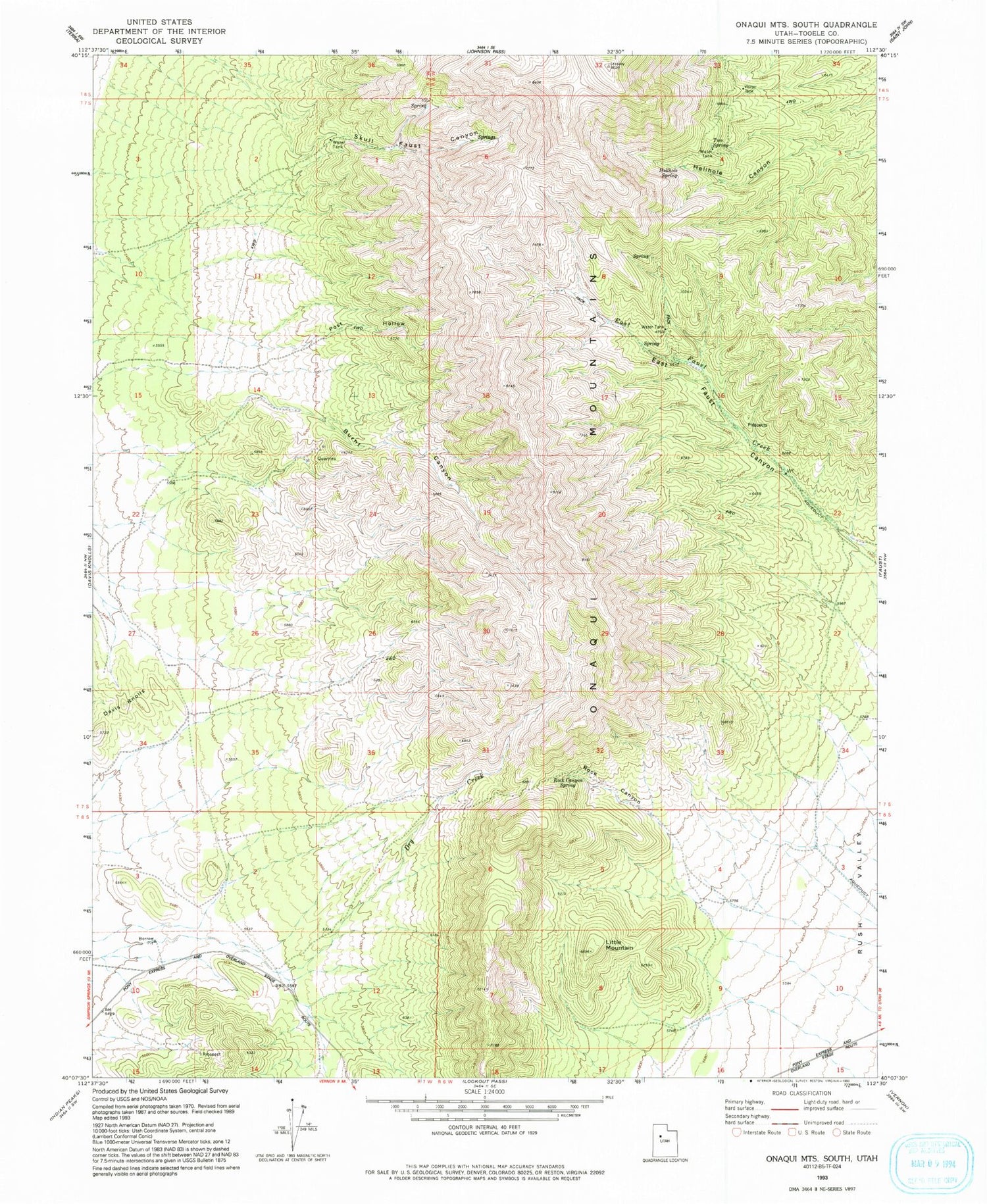 Classic USGS Onaqui Mountains South Utah 7.5'x7.5' Topo Map Image