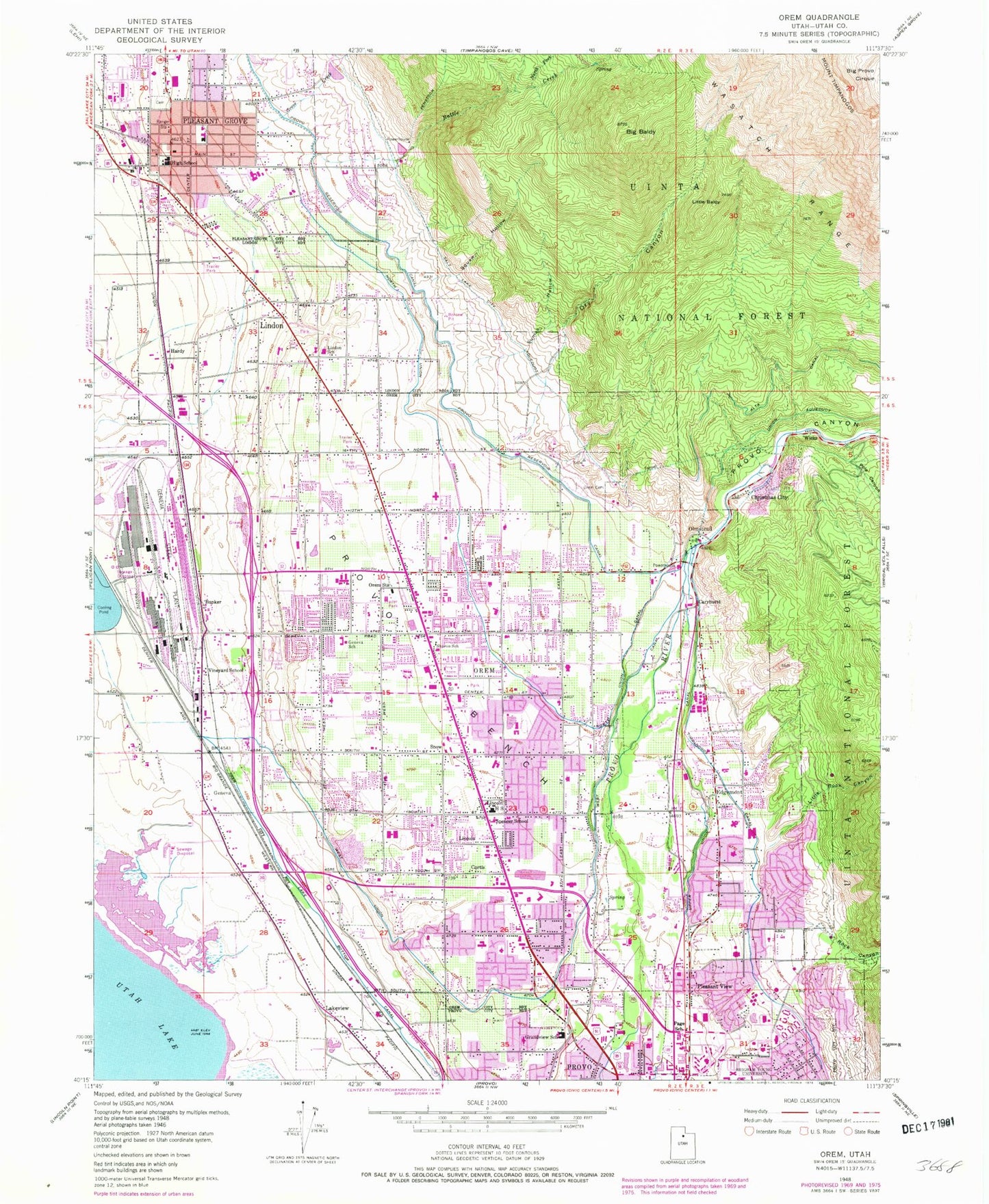 Classic USGS Orem Utah 7.5'x7.5' Topo Map Image