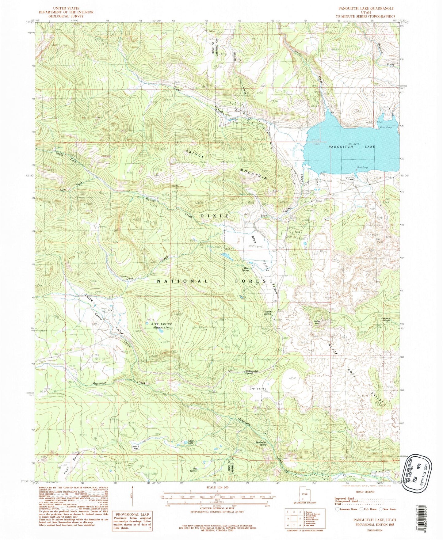Classic USGS Panguitch Lake Utah 7.5'x7.5' Topo Map Image