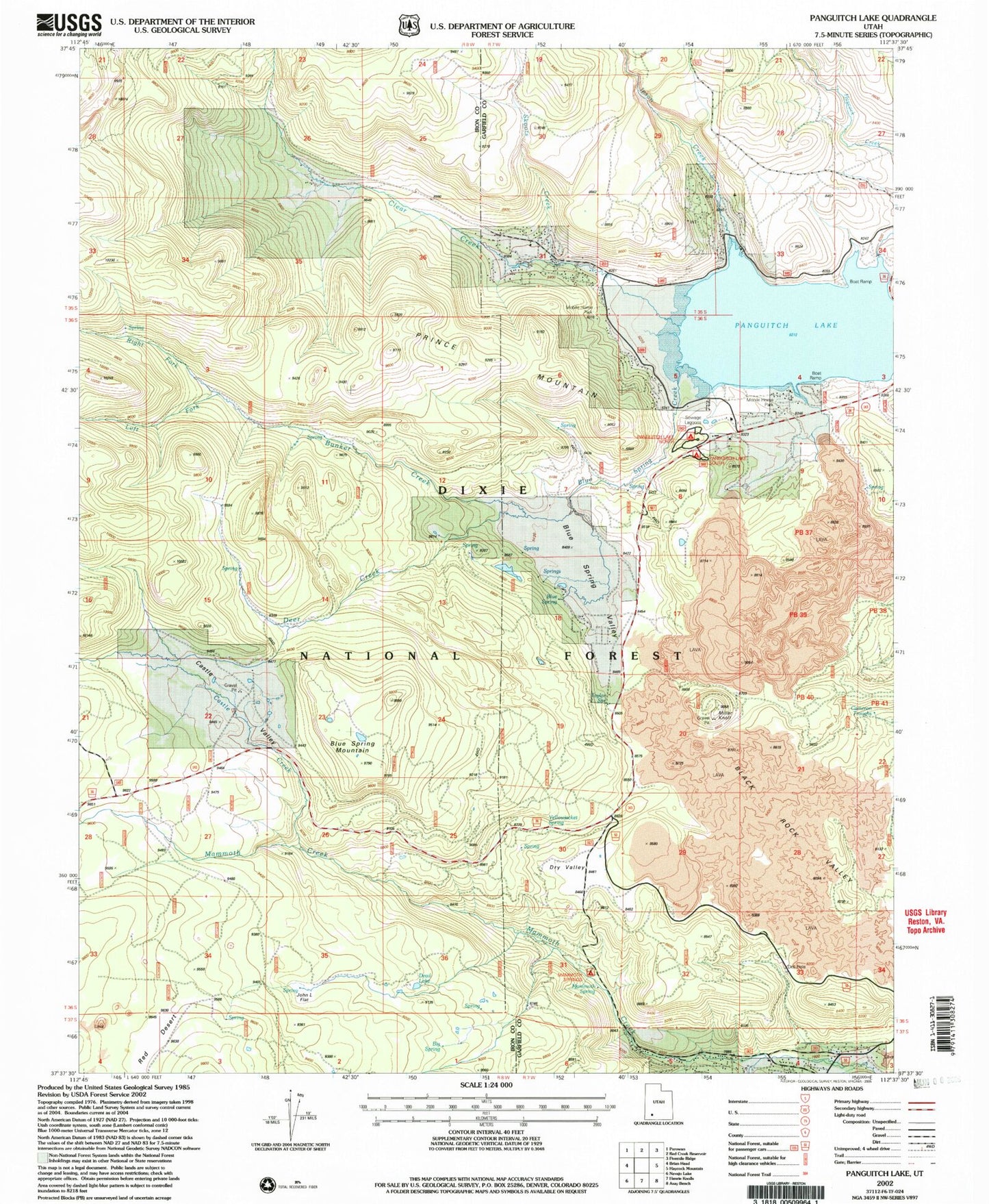 Classic USGS Panguitch Lake Utah 7.5'x7.5' Topo Map Image