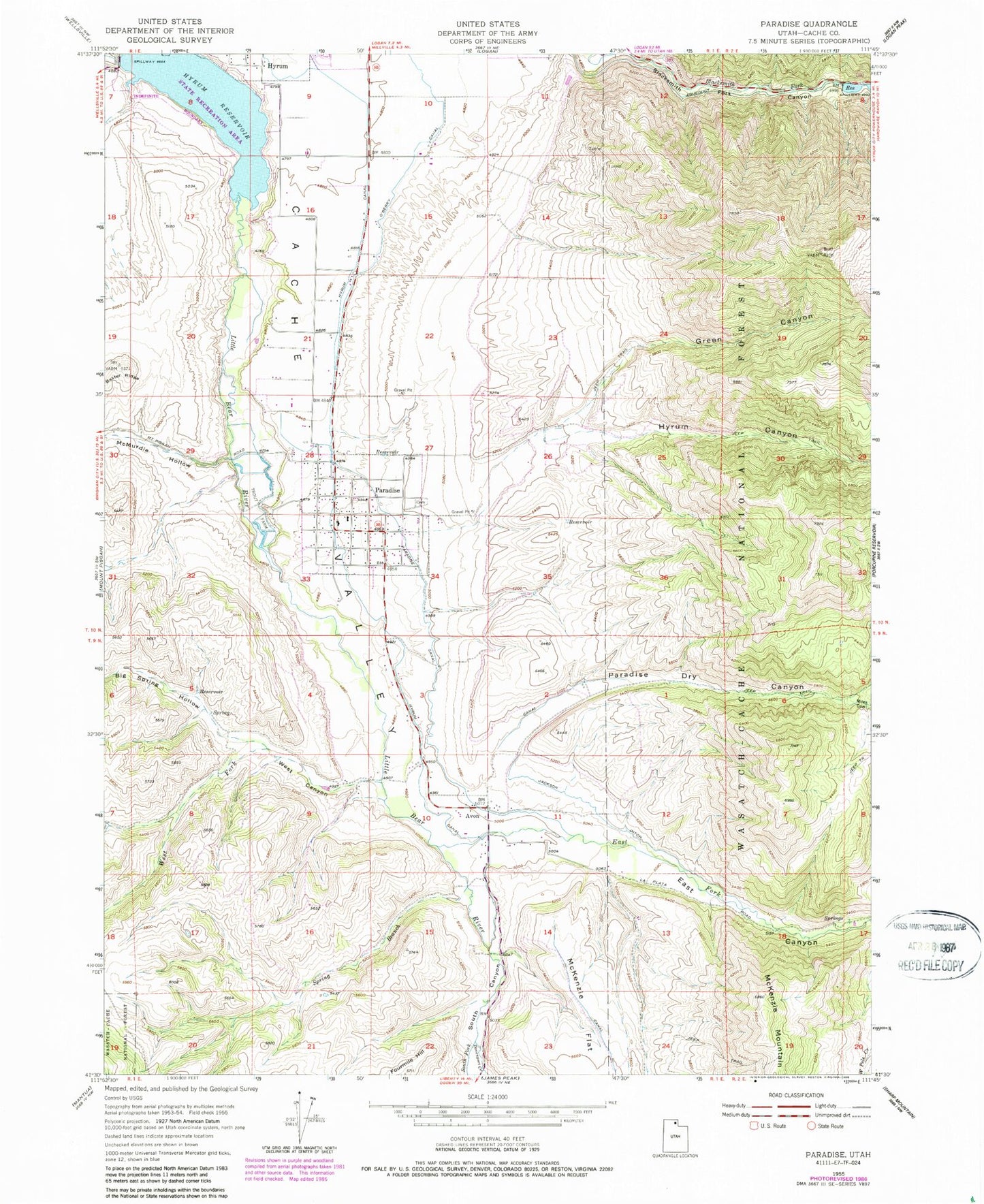 Classic USGS Paradise Utah 7.5'x7.5' Topo Map Image