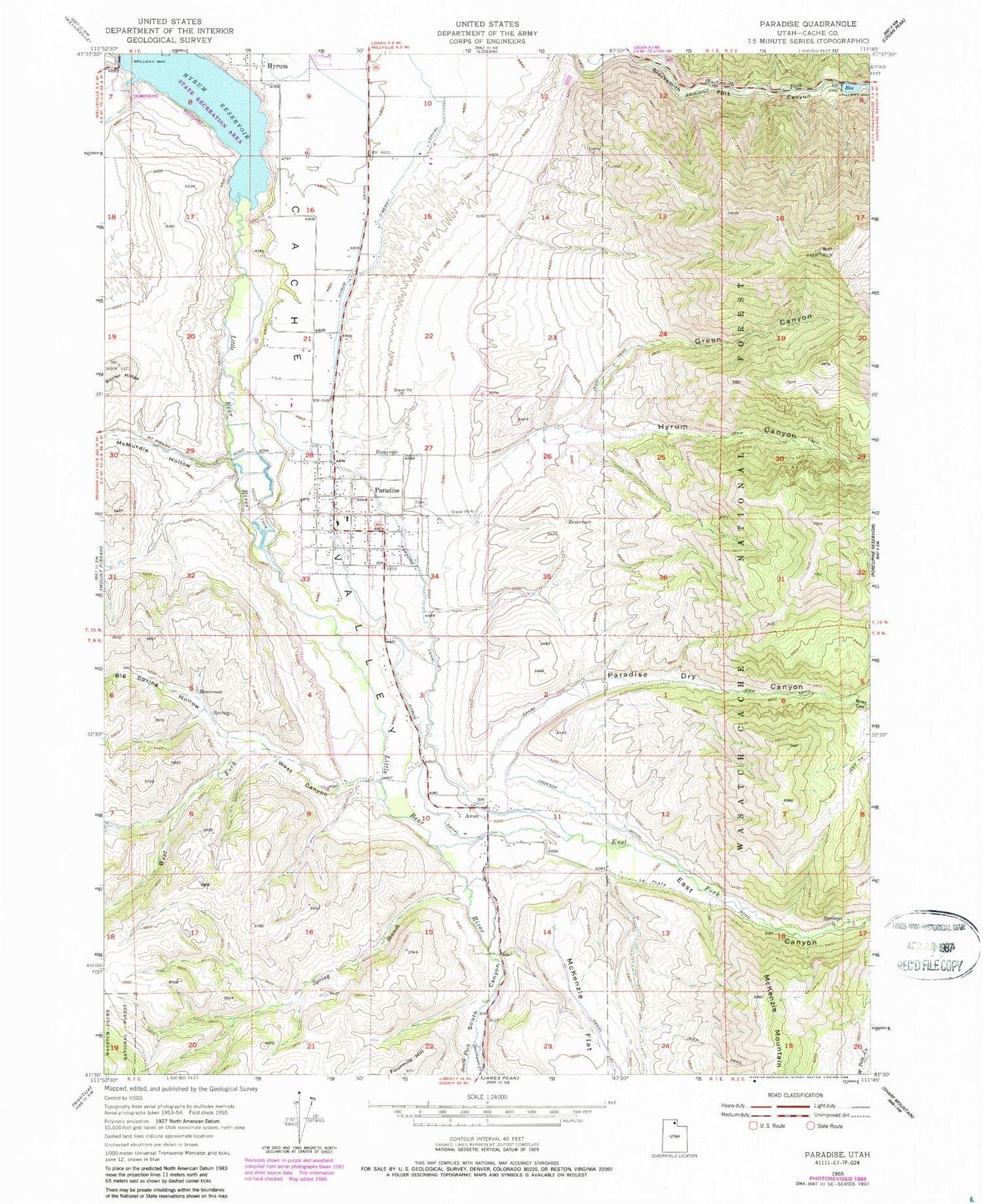 Classic USGS Paradise Utah 7.5'x7.5' Topo Map Image