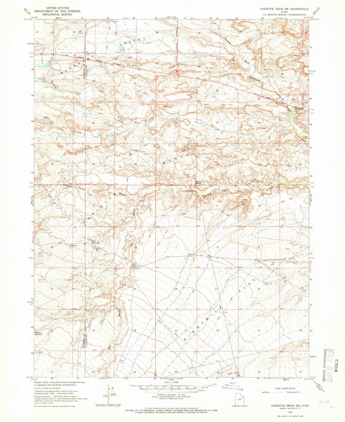 Classic USGS Pariette Draw SW Utah 7.5'x7.5' Topo Map Image