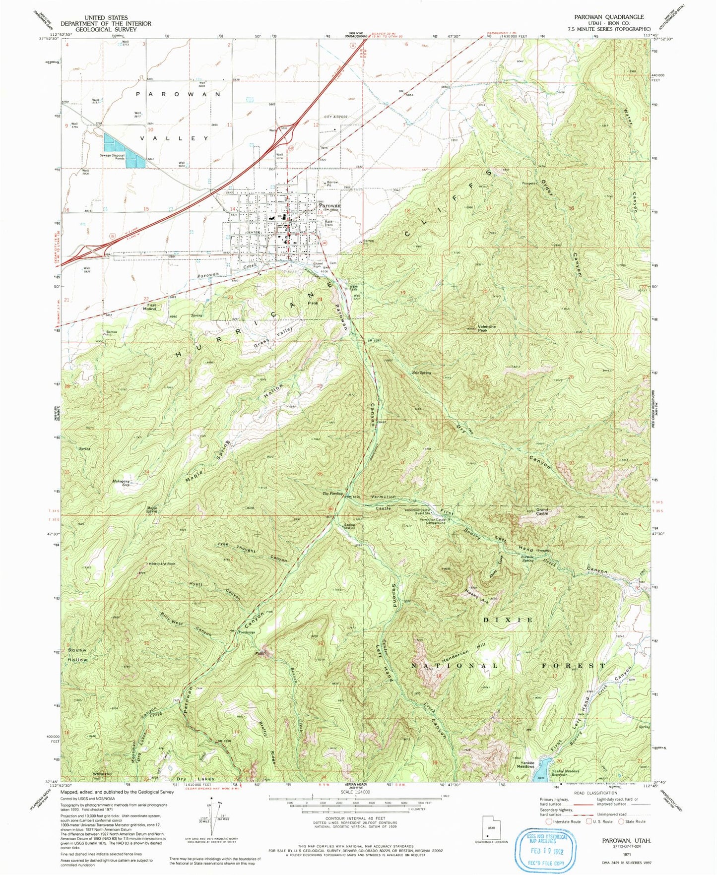 Classic USGS Parowan Utah 7.5'x7.5' Topo Map Image