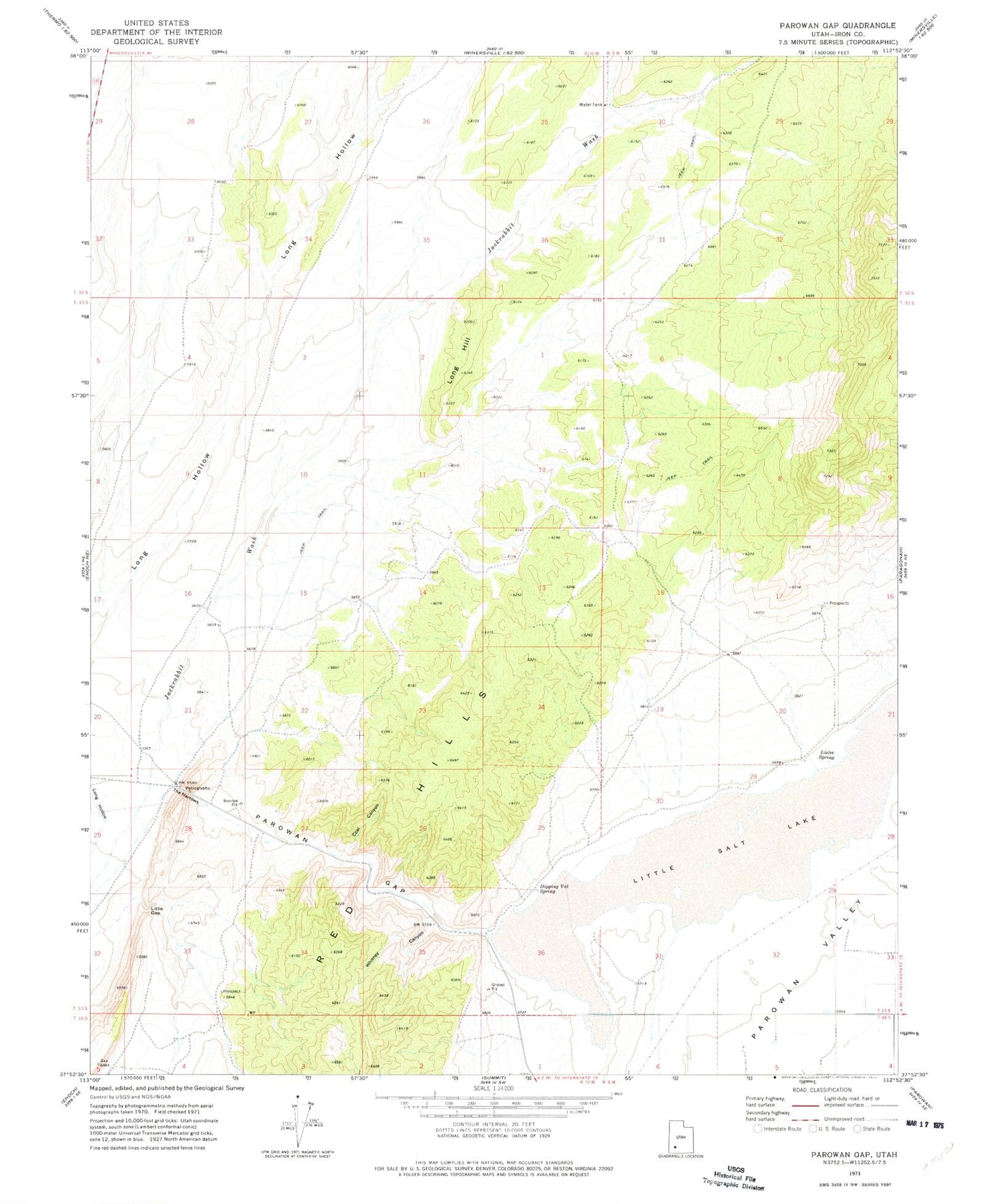 Classic USGS Parowan Gap Utah 7.5'x7.5' Topo Map Image