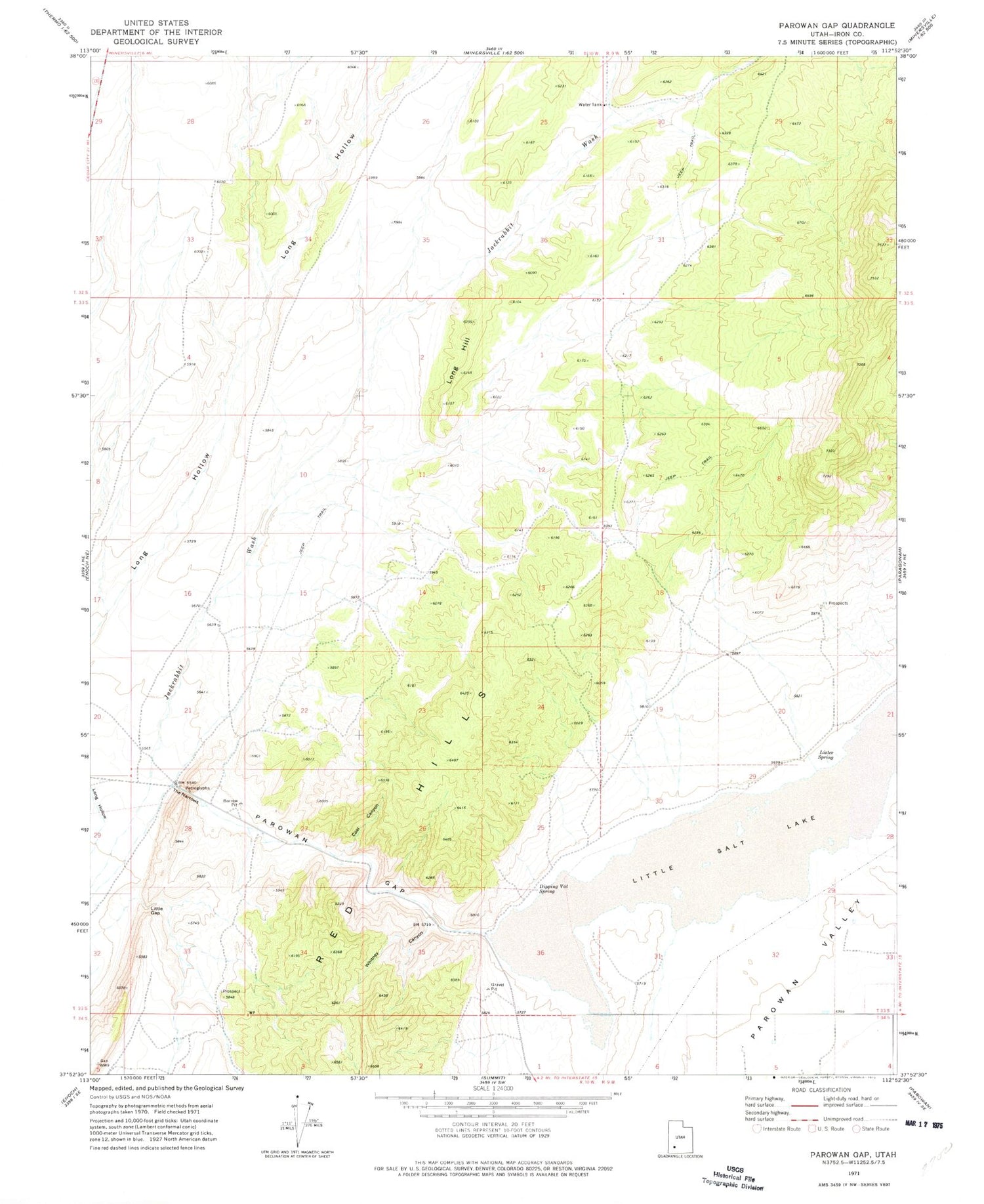 Classic USGS Parowan Gap Utah 7.5'x7.5' Topo Map Image