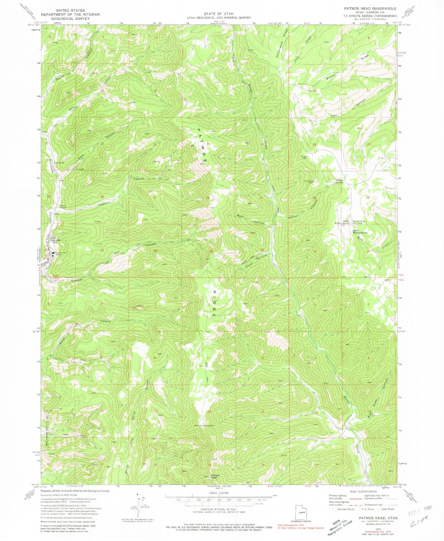 Classic USGS Patmos Head Utah 7.5'x7.5' Topo Map Image