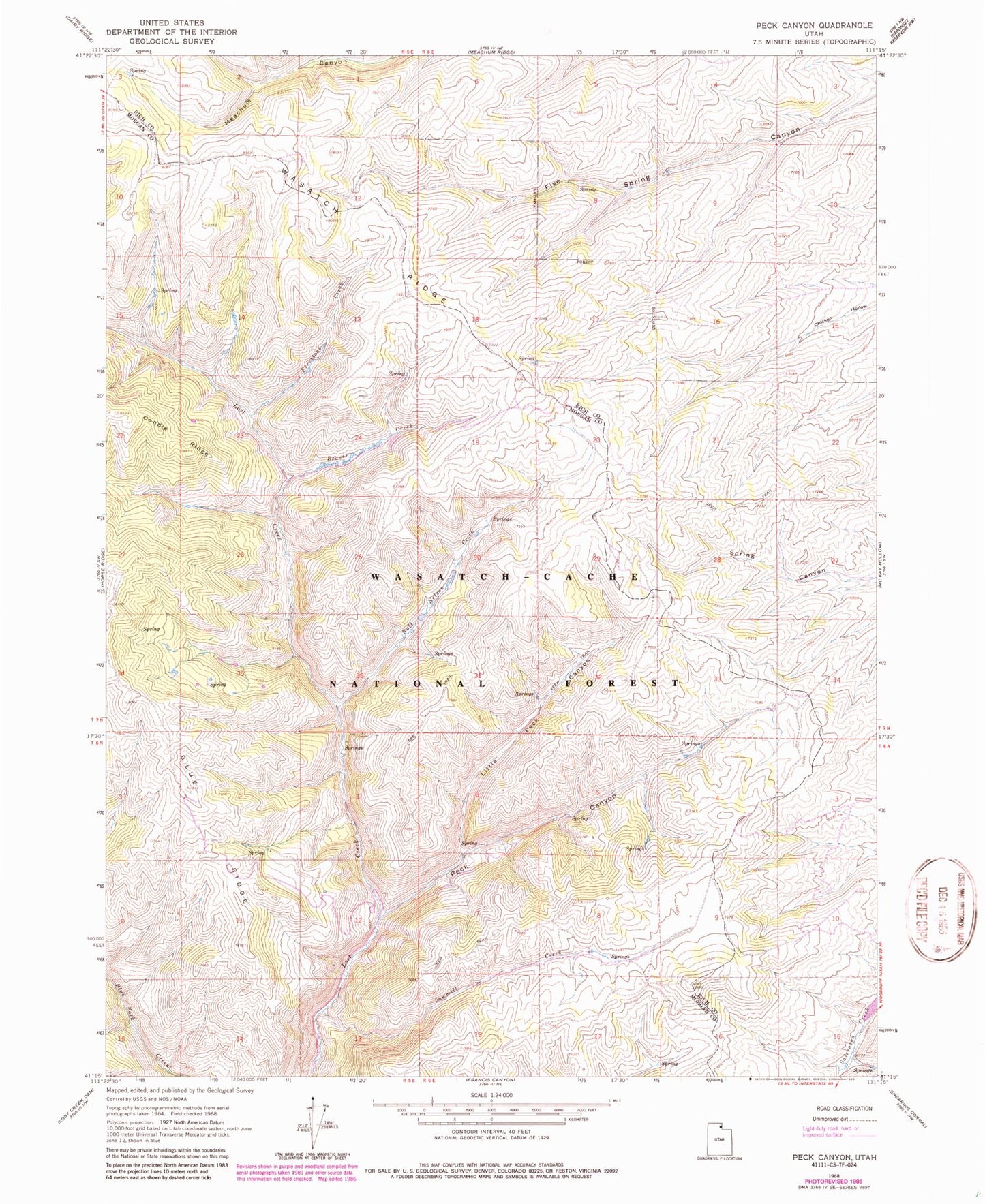 Classic USGS Peck Canyon Utah 7.5'x7.5' Topo Map Image