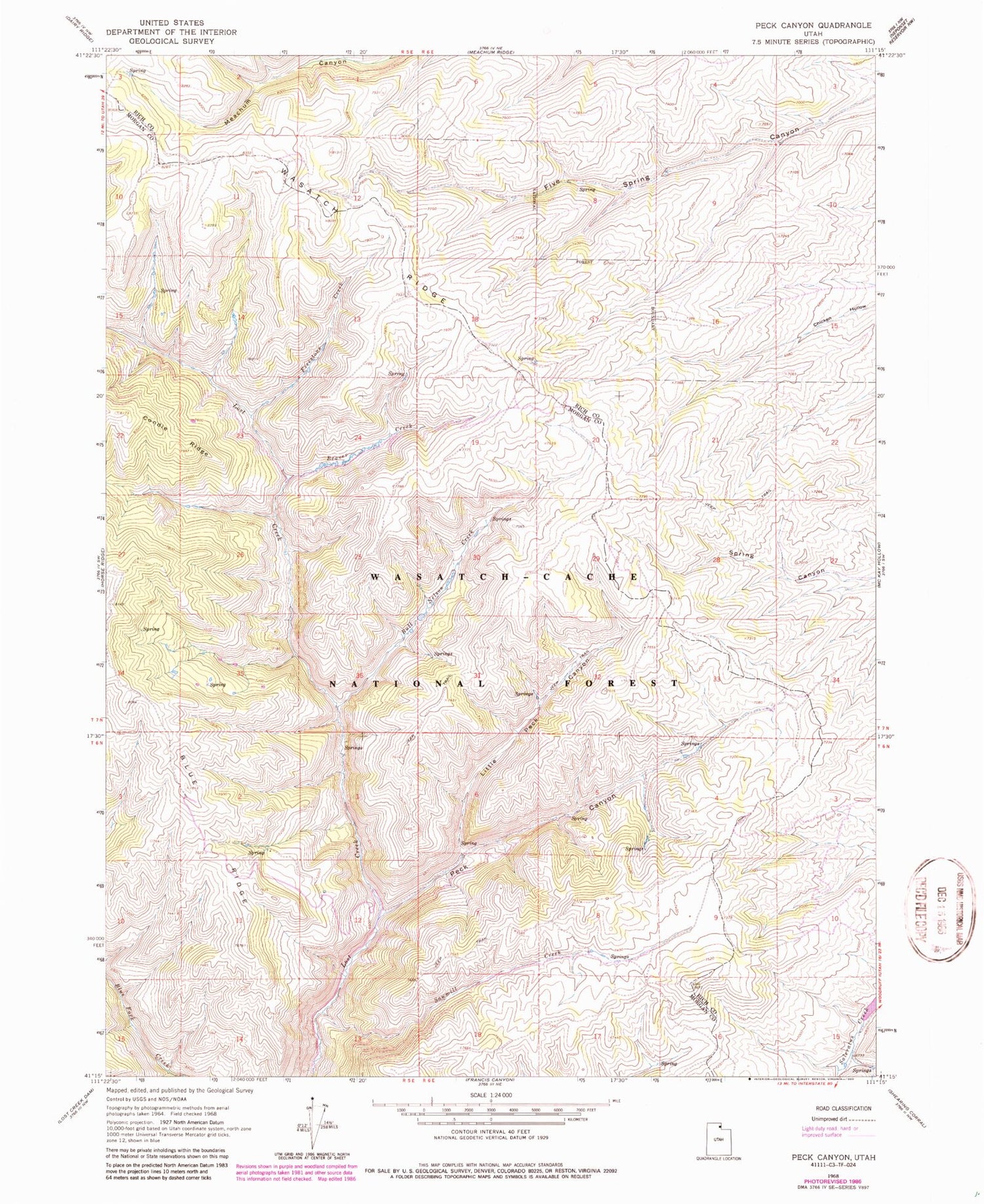 Classic USGS Peck Canyon Utah 7.5'x7.5' Topo Map Image