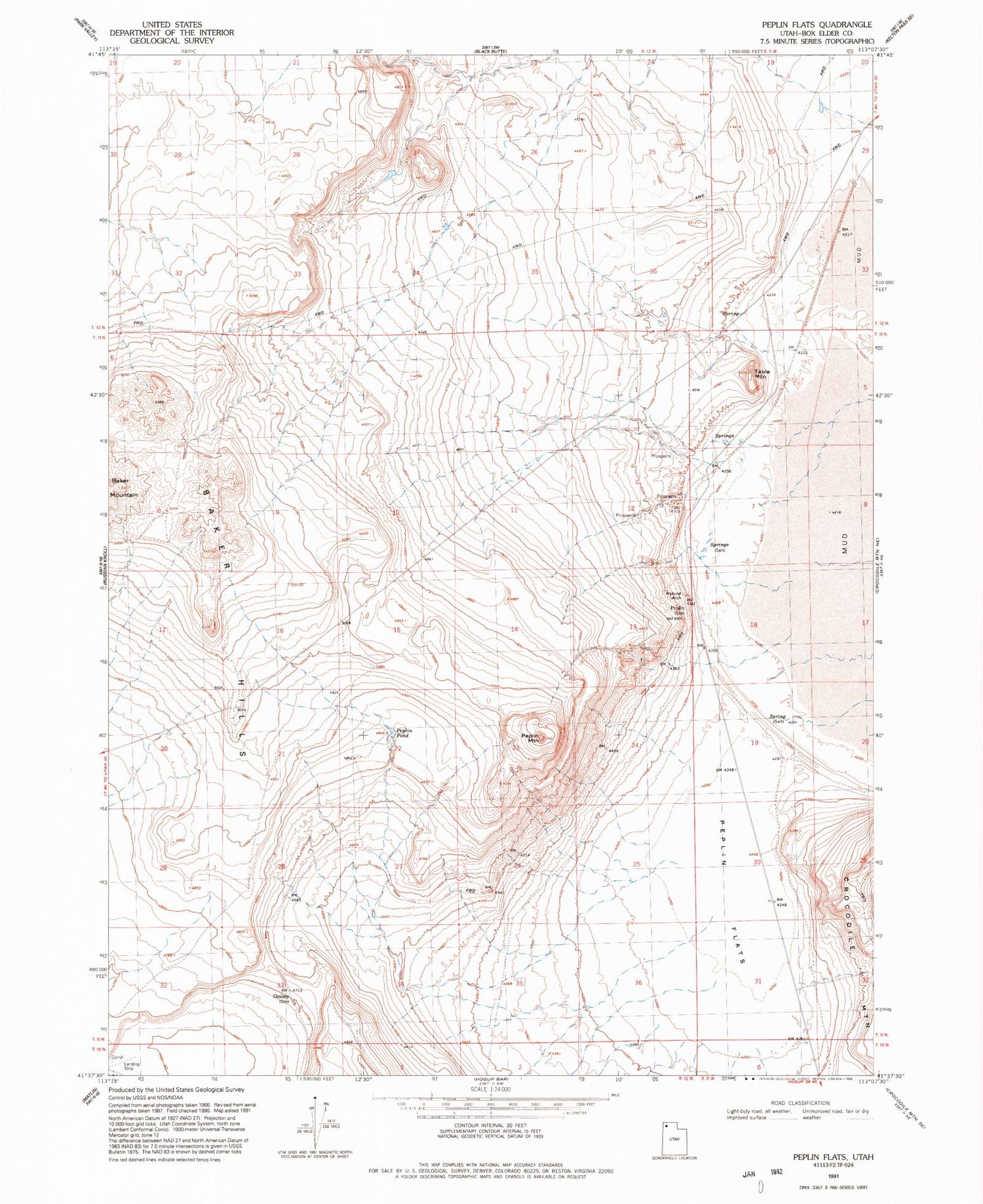 Classic USGS Peplin Flats Utah 7.5'x7.5' Topo Map Image