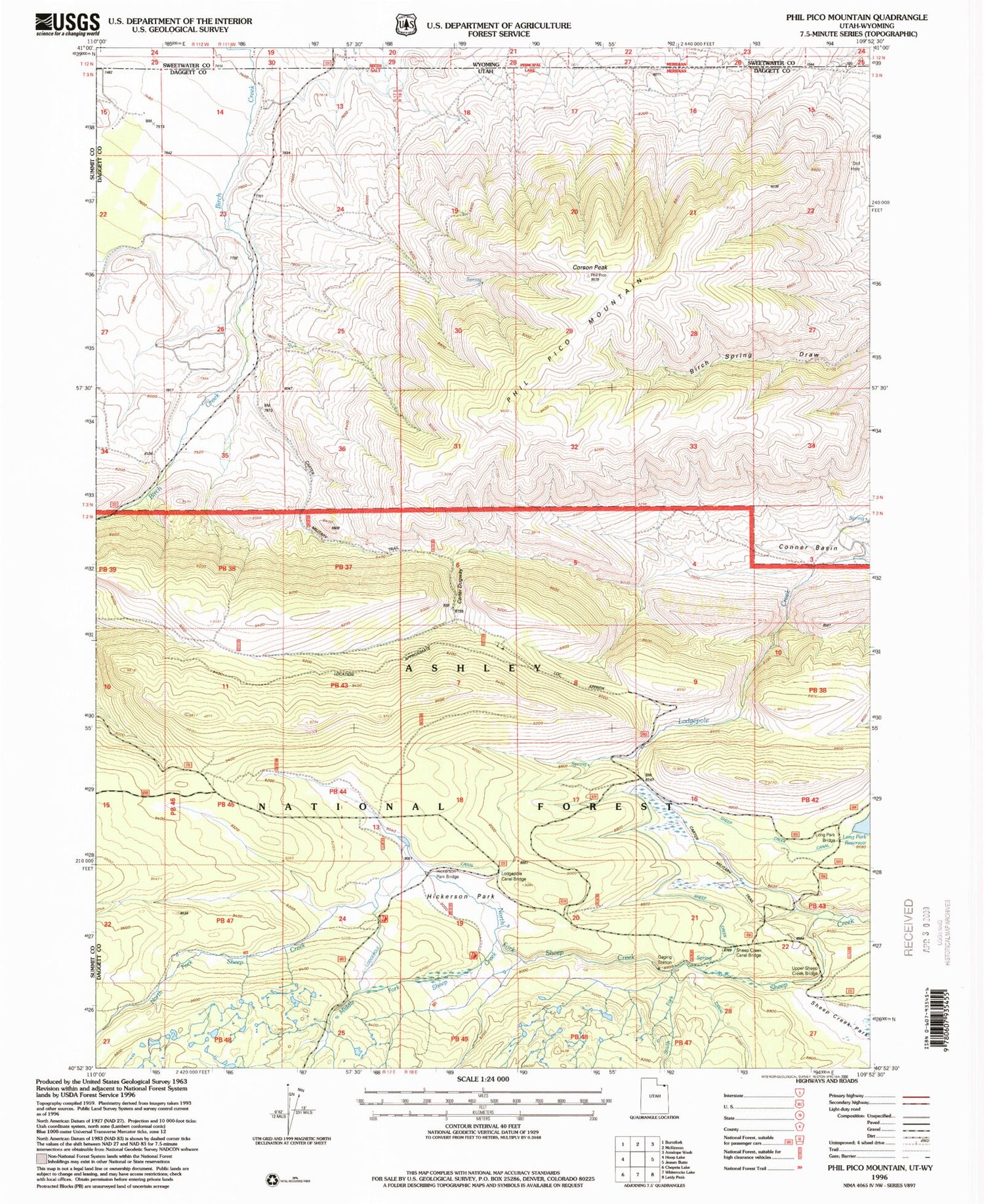 Classic USGS Phil Pico Mountain Utah 7.5'x7.5' Topo Map Image