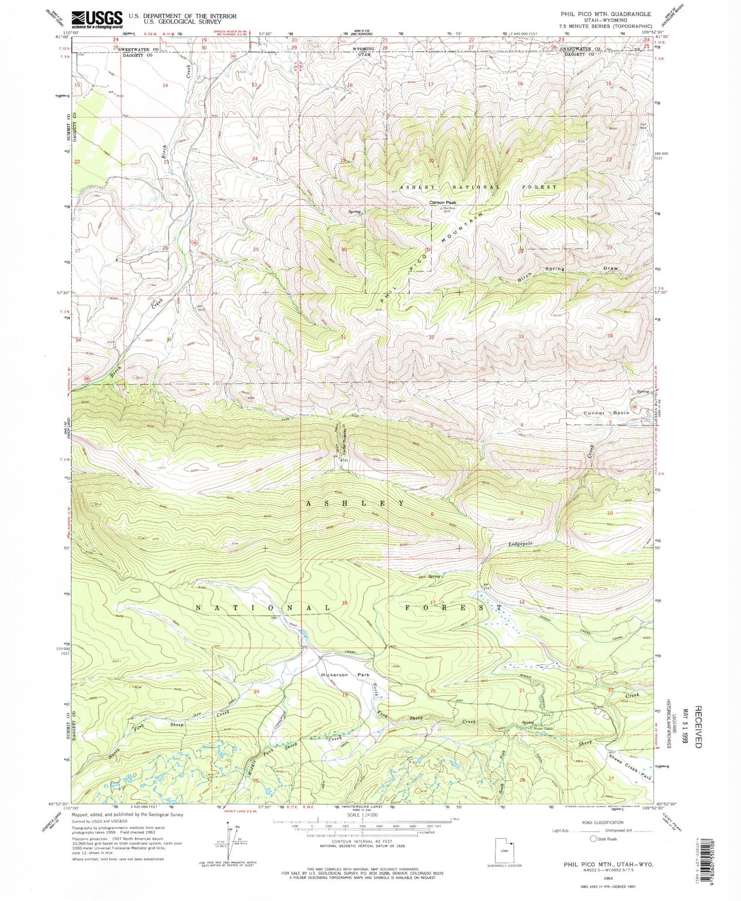 Classic USGS Phil Pico Mountain Utah 7.5'x7.5' Topo Map Image