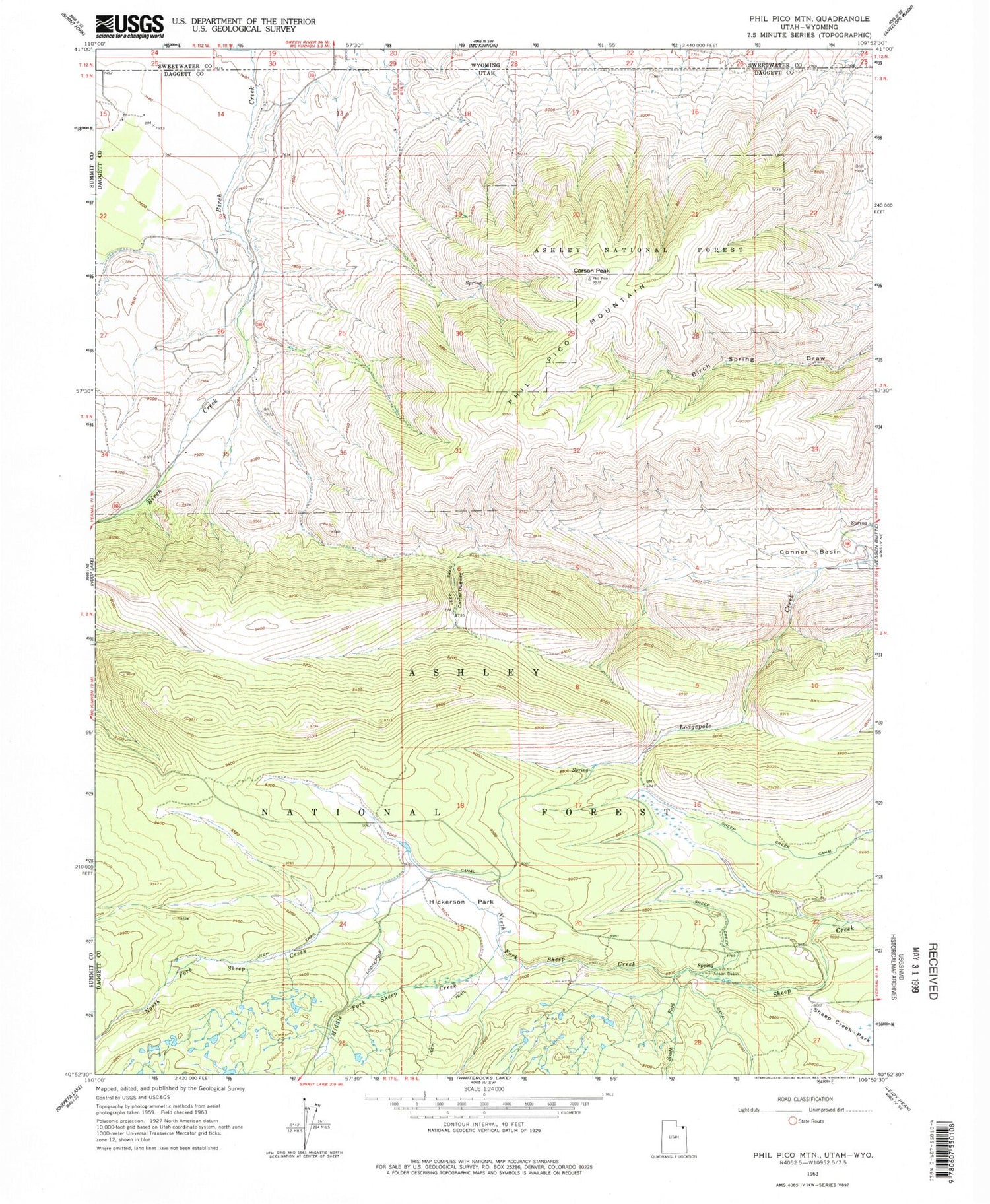 Classic USGS Phil Pico Mountain Utah 7.5'x7.5' Topo Map Image