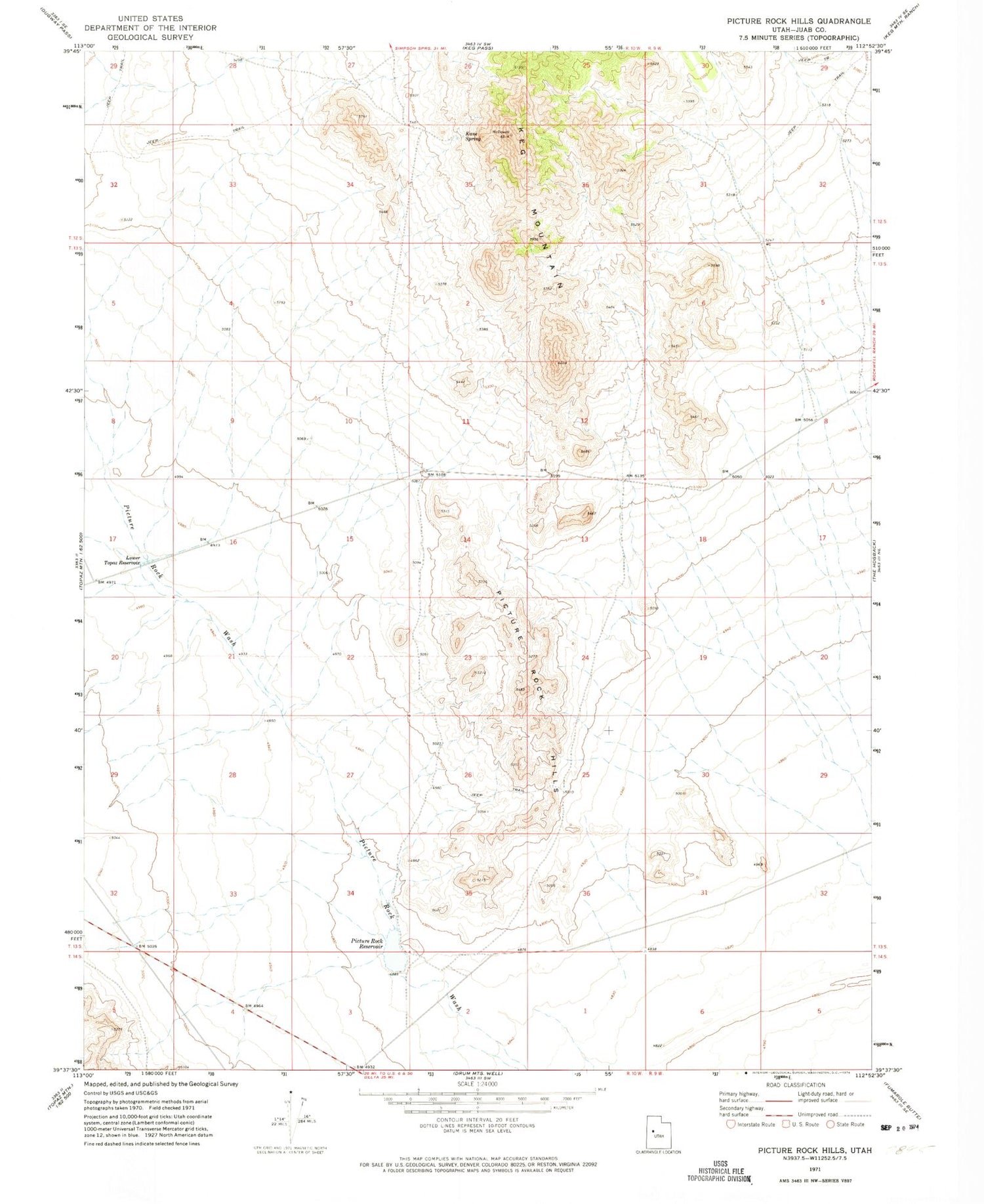 Classic USGS Picture Rock Hills Utah 7.5'x7.5' Topo Map Image