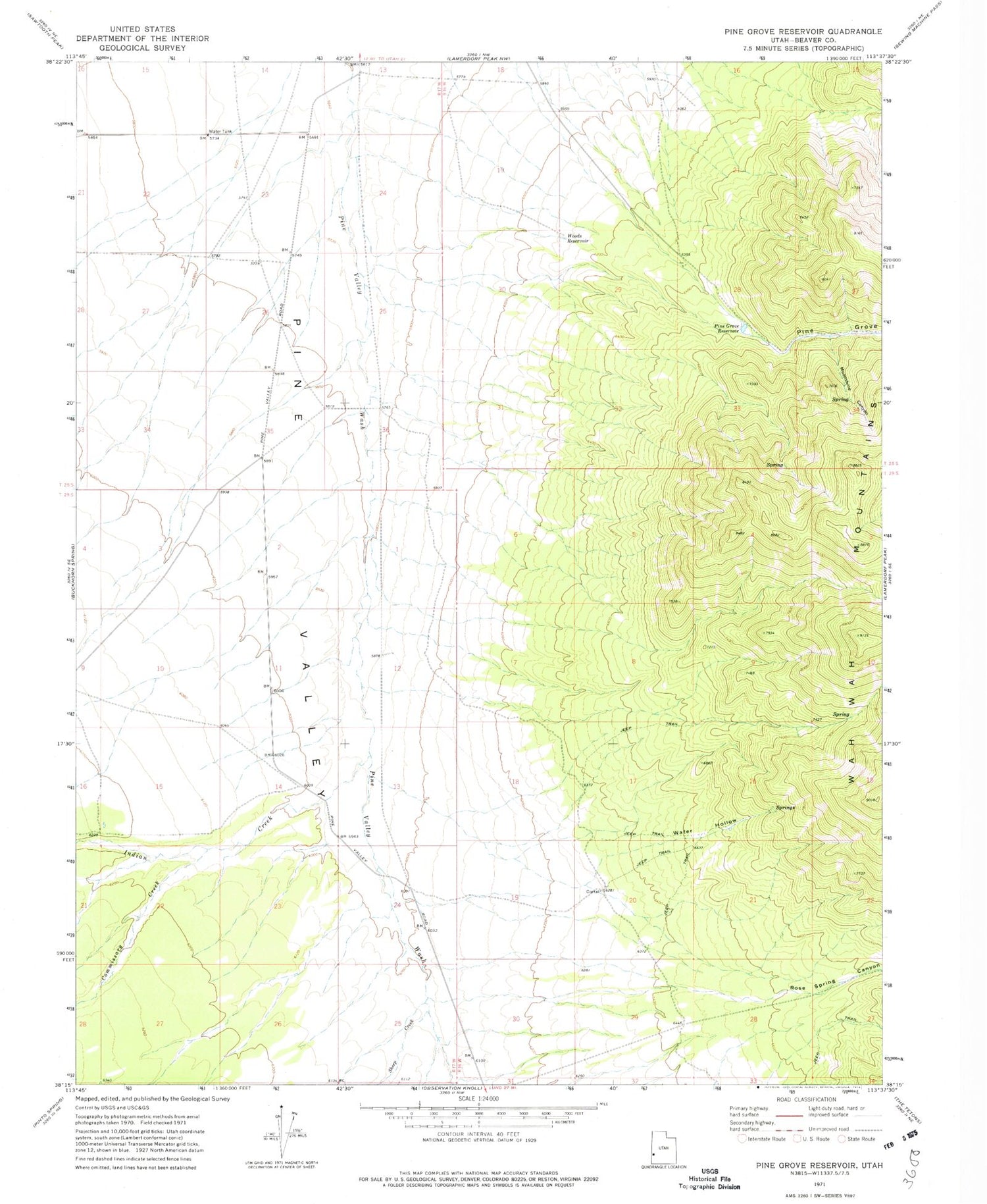 Classic USGS Pine Grove Reservoir Utah 7.5'x7.5' Topo Map Image