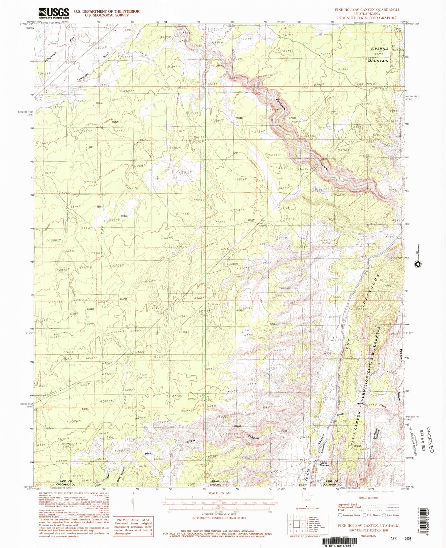 Classic USGS Pine Hollow Canyon Utah 7.5'x7.5' Topo Map Image