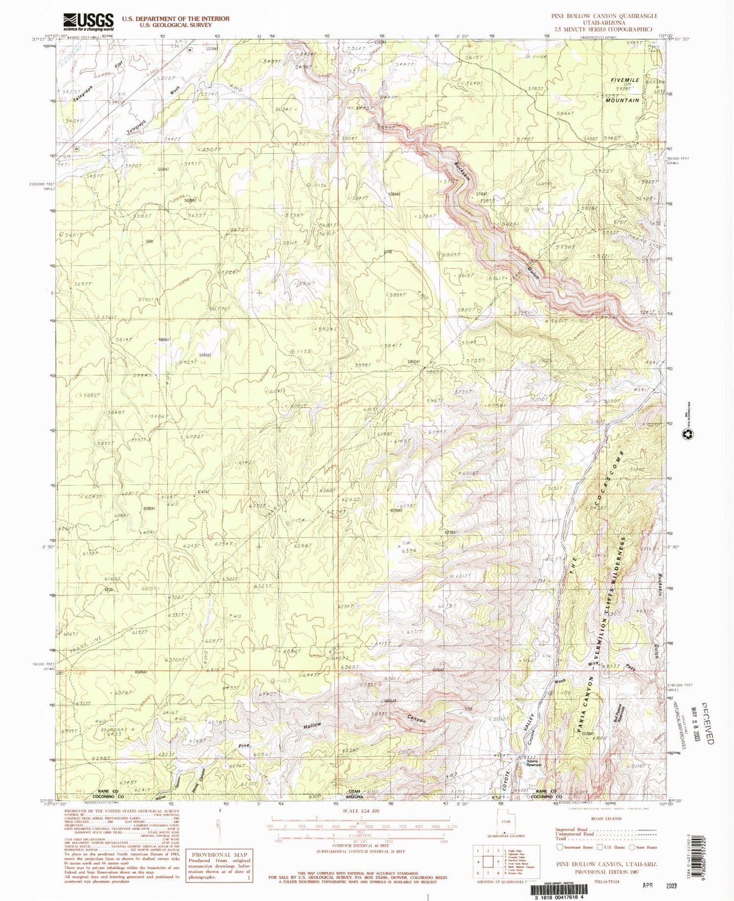 Classic USGS Pine Hollow Canyon Utah 7.5'x7.5' Topo Map Image