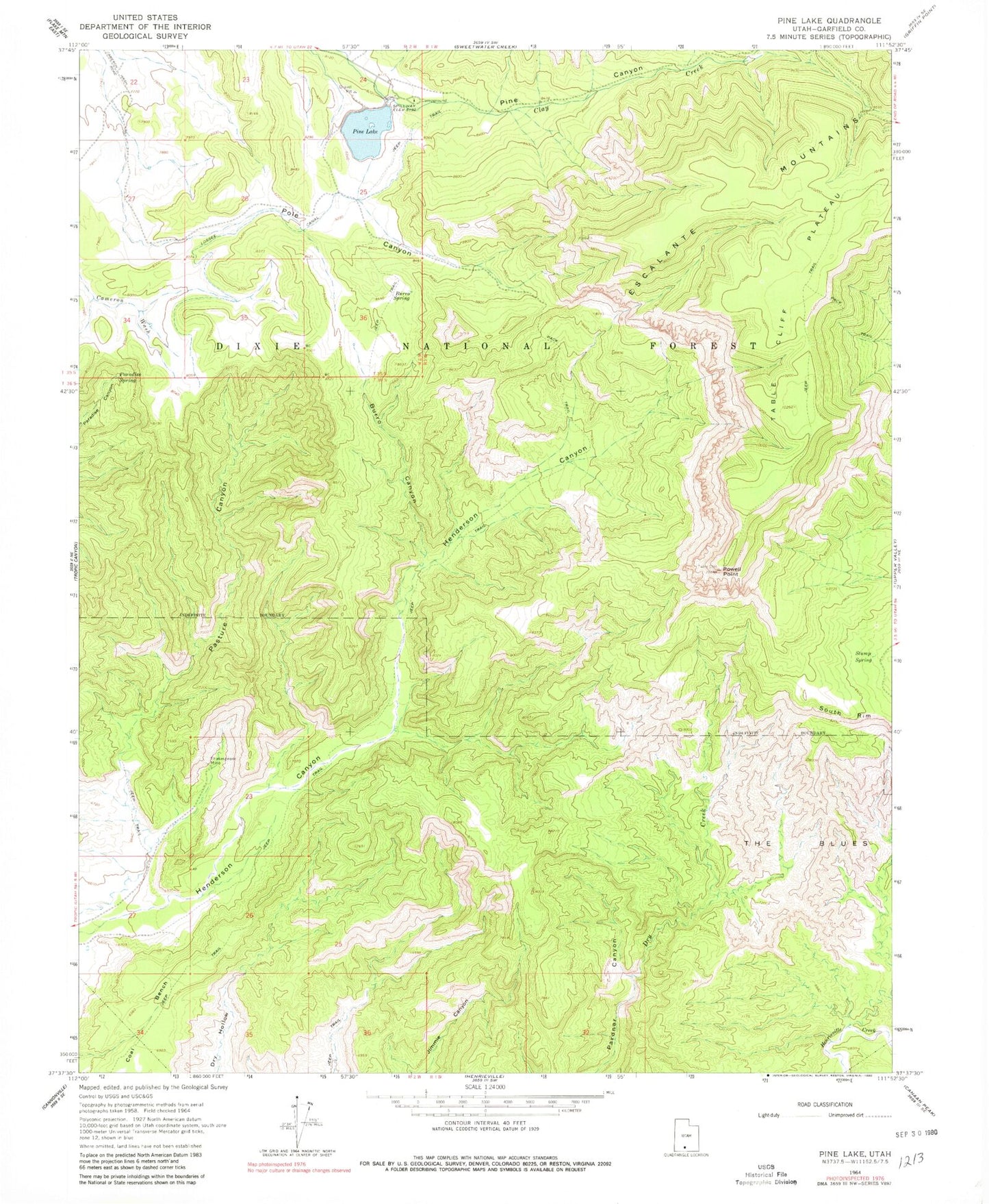 Classic USGS Pine Lake Utah 7.5'x7.5' Topo Map Image
