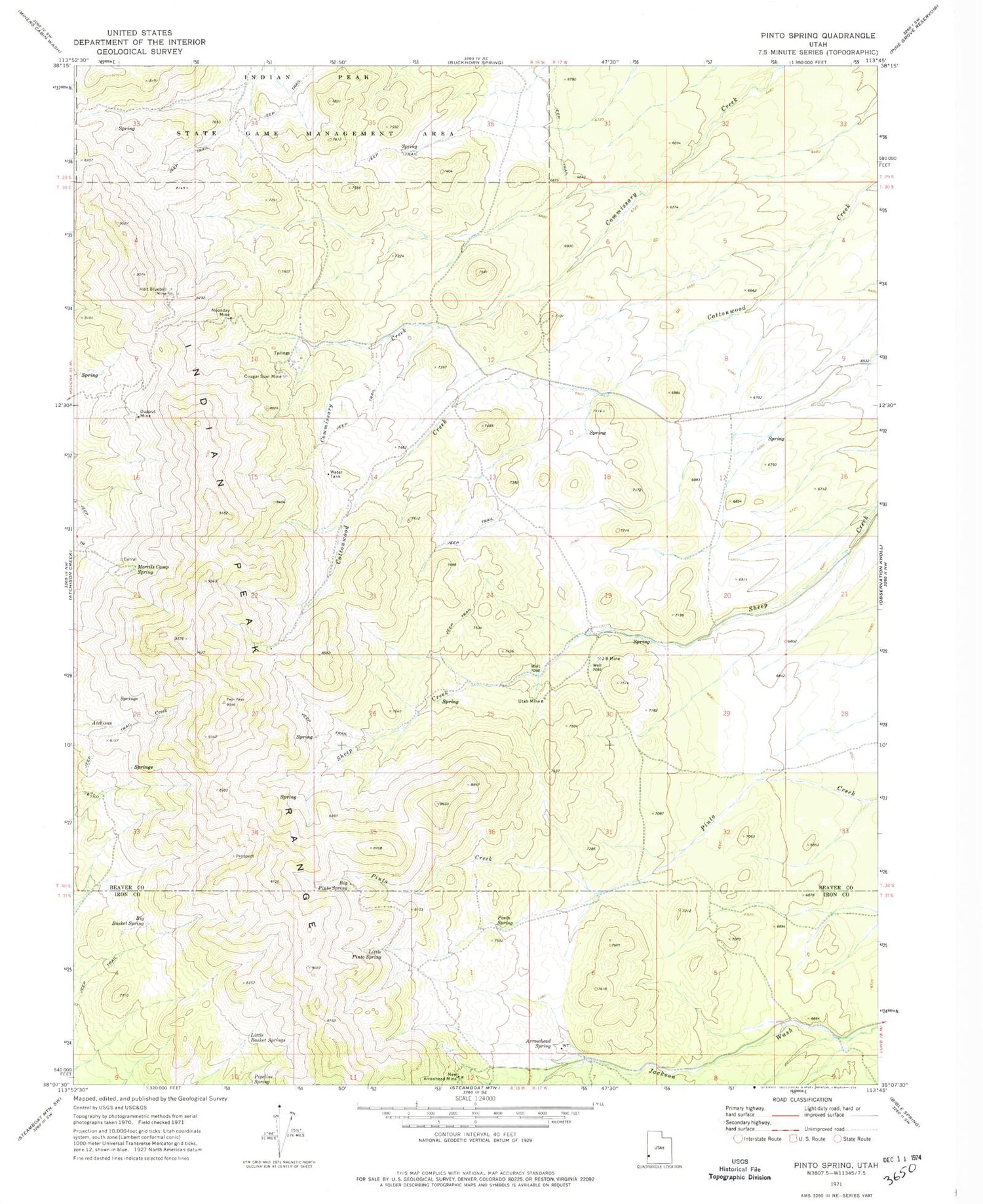 Classic USGS Pinto Spring Utah 7.5'x7.5' Topo Map Image