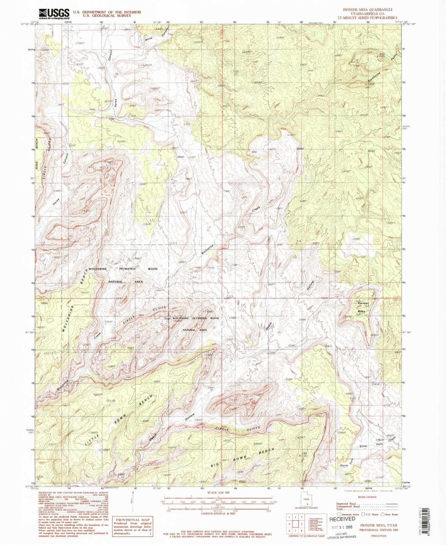 Classic USGS Pioneer Mesa Utah 7.5'x7.5' Topo Map Image