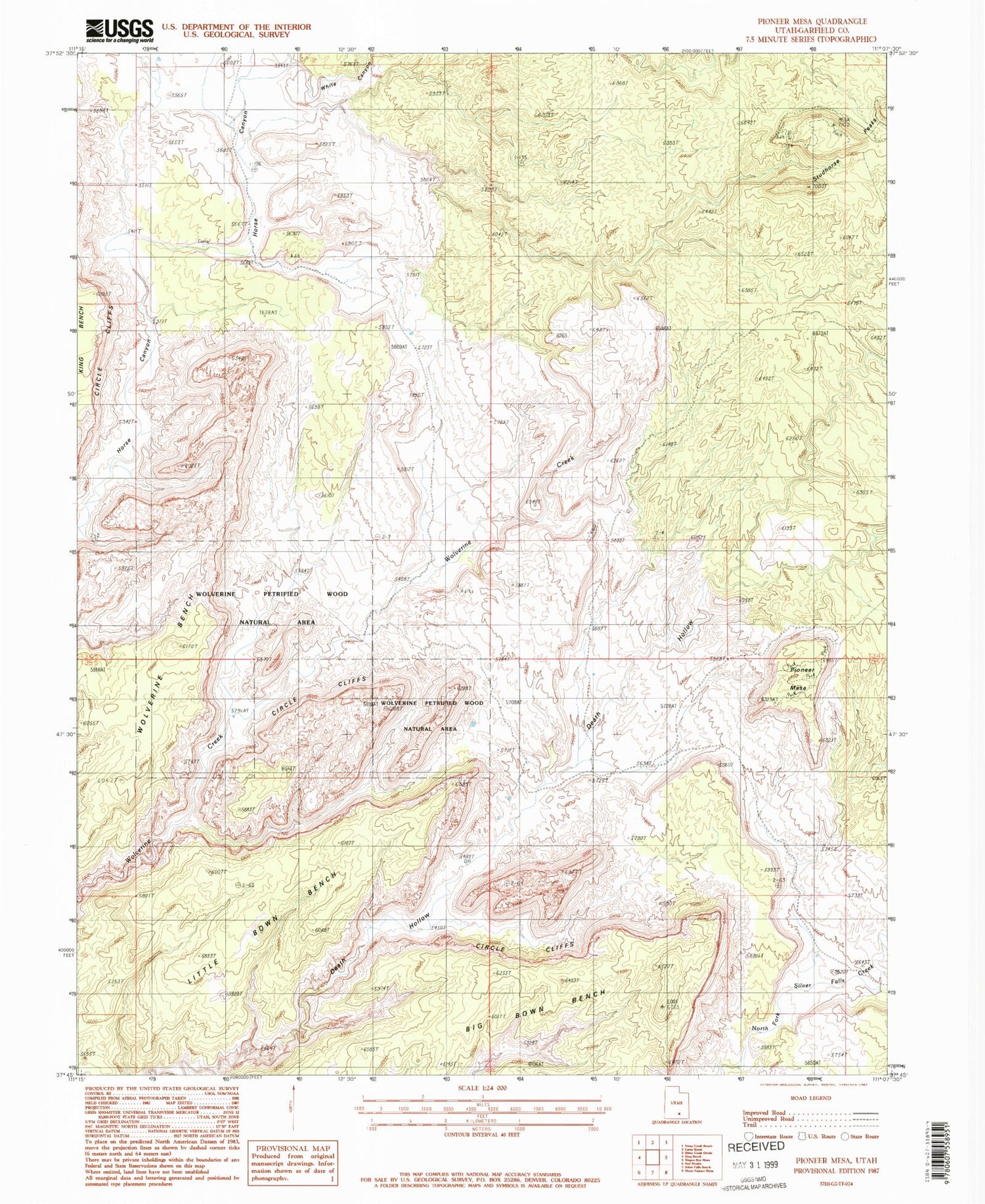 Classic USGS Pioneer Mesa Utah 7.5'x7.5' Topo Map Image