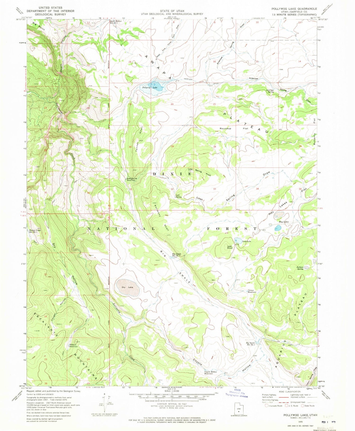 Classic USGS Pollywog Lake Utah 7.5'x7.5' Topo Map Image