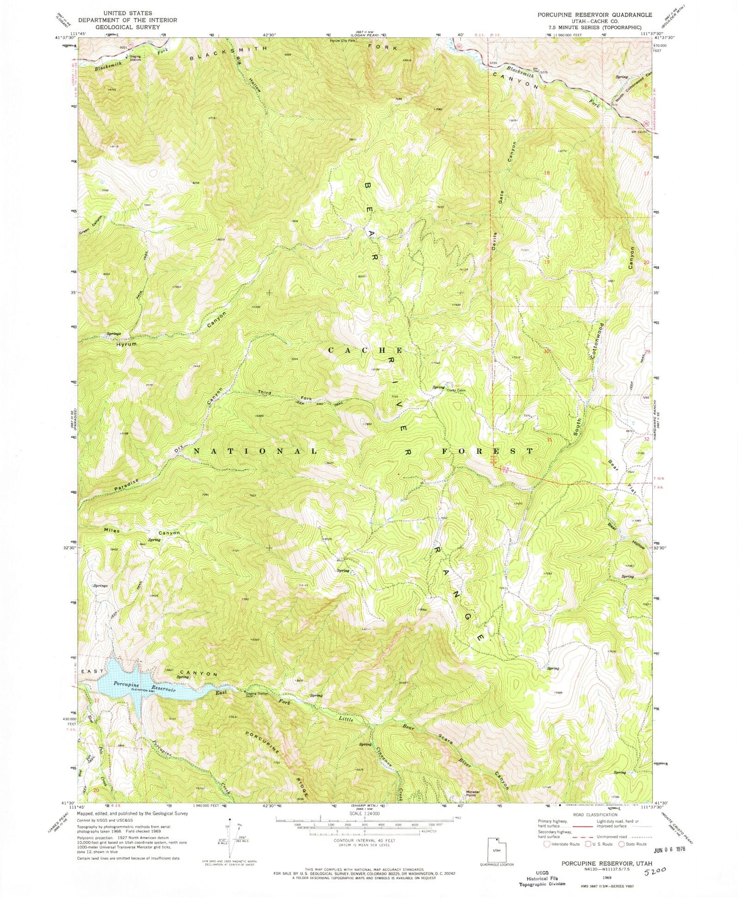 Classic USGS Porcupine Reservoir Utah 7.5'x7.5' Topo Map Image