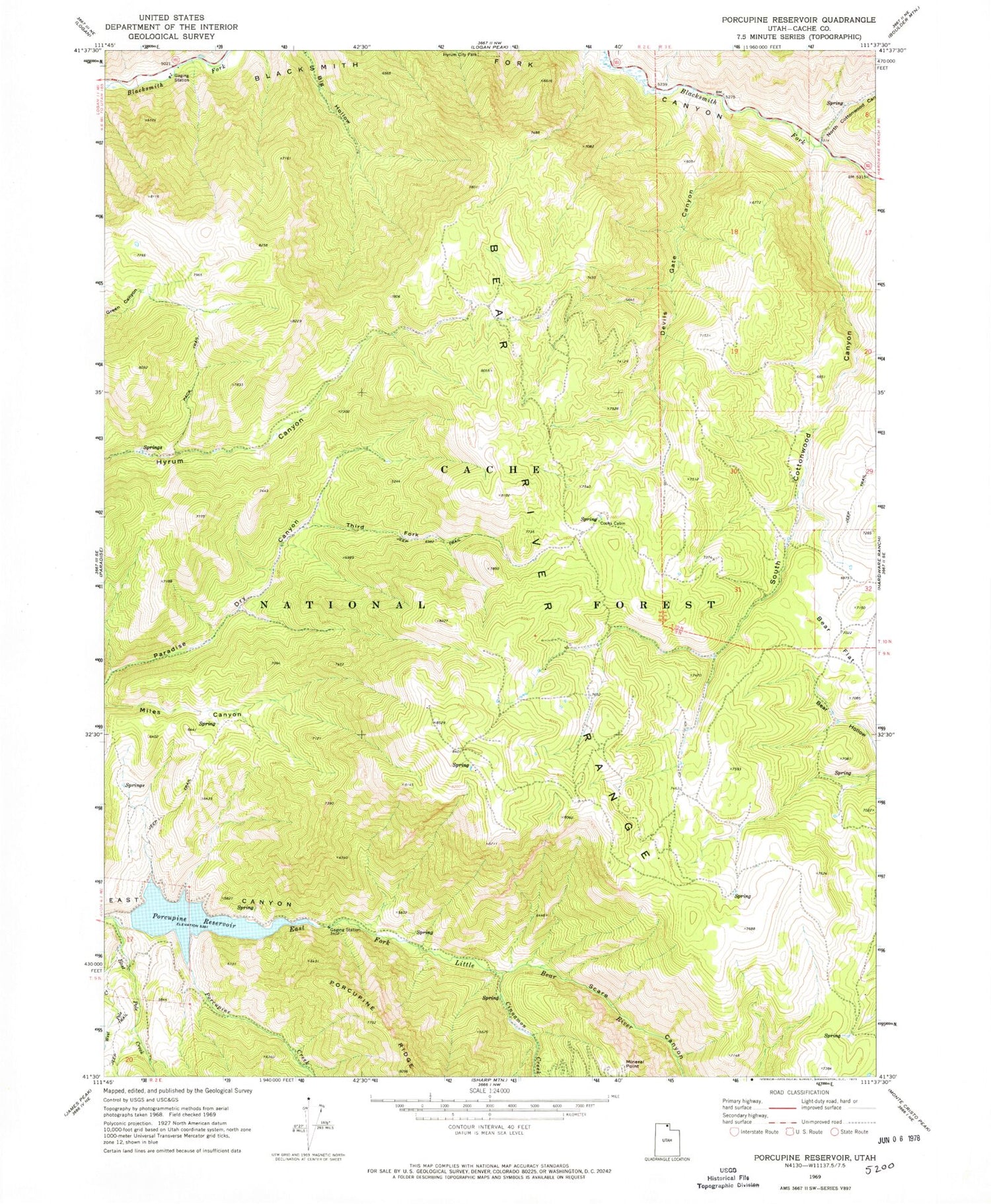 Classic USGS Porcupine Reservoir Utah 7.5'x7.5' Topo Map Image