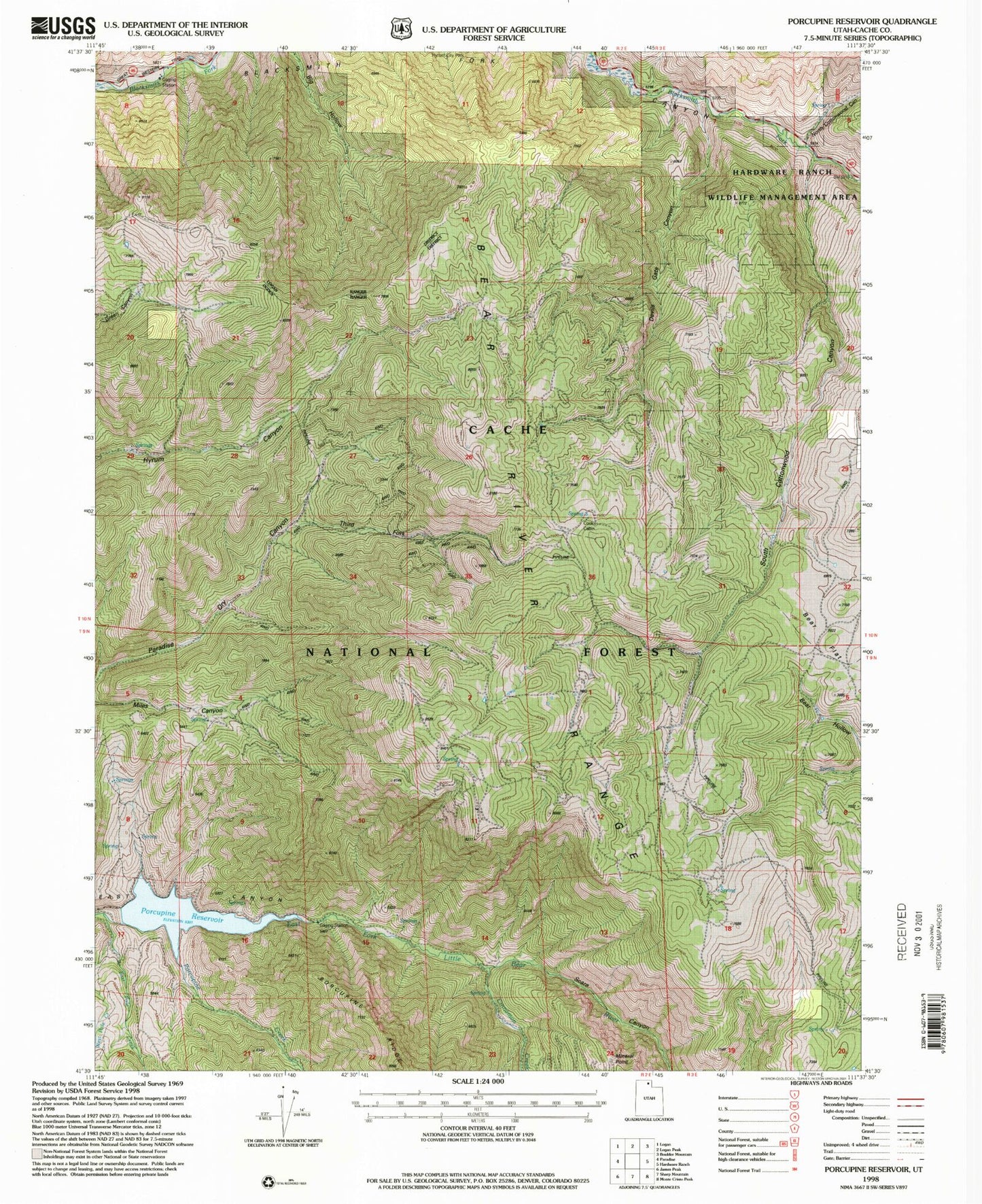Classic USGS Porcupine Reservoir Utah 7.5'x7.5' Topo Map Image