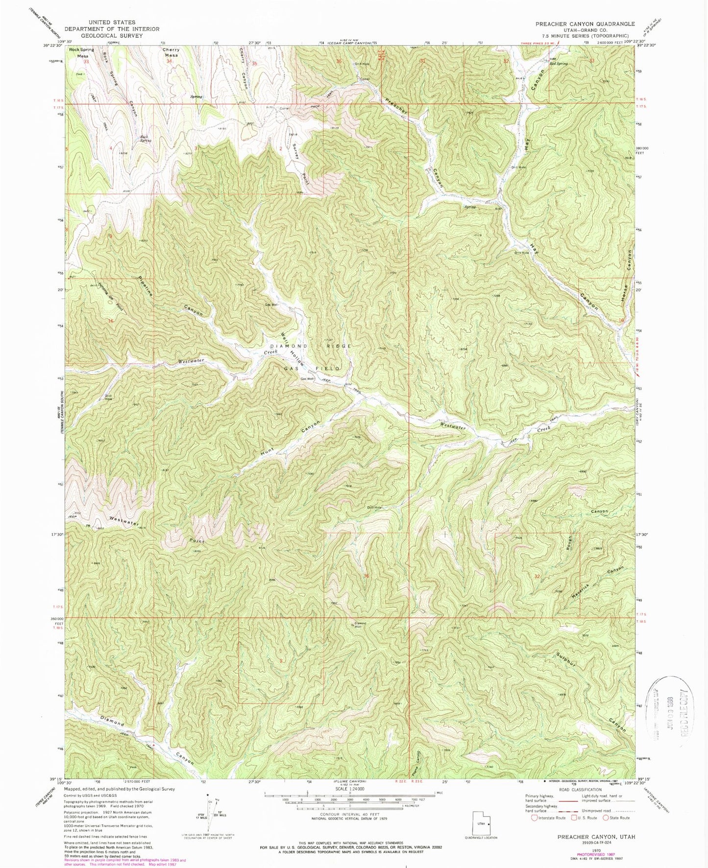 Classic USGS Preacher Canyon Utah 7.5'x7.5' Topo Map Image
