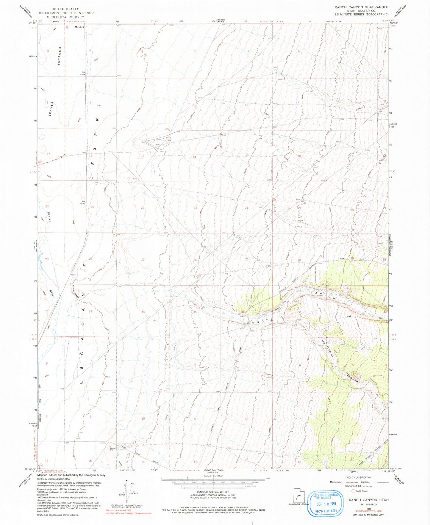 Classic USGS Ranch Canyon Utah 7.5'x7.5' Topo Map Image