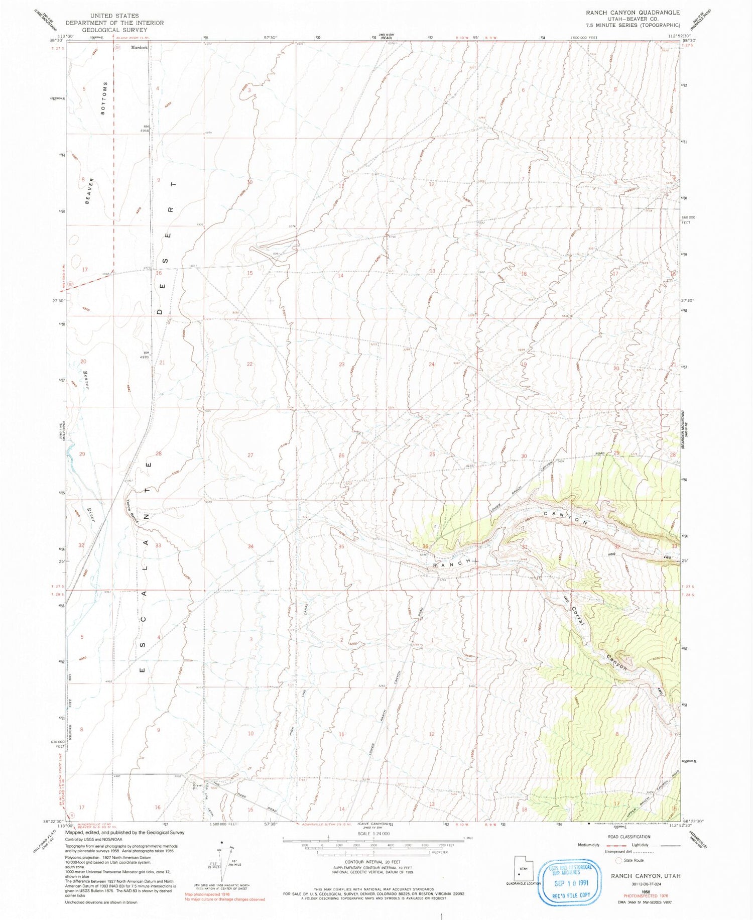 Classic USGS Ranch Canyon Utah 7.5'x7.5' Topo Map Image