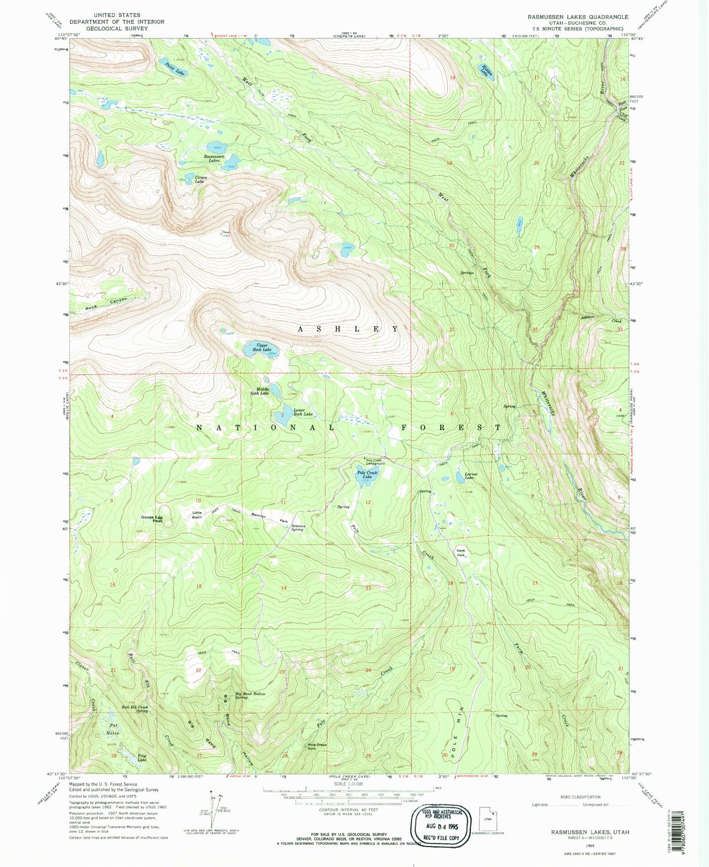 Classic USGS Rasmussen Lakes Utah 7.5'x7.5' Topo Map Image