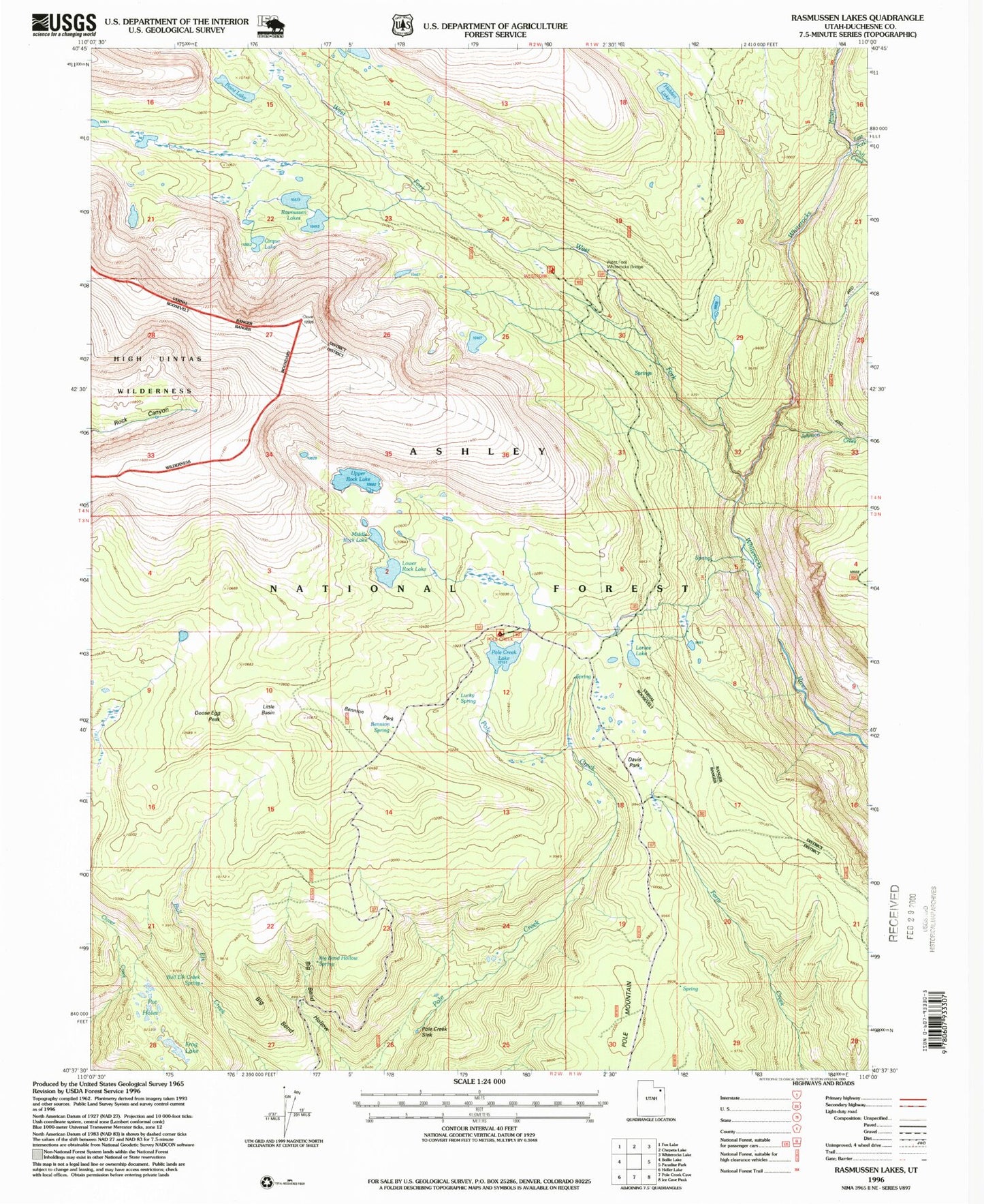 Classic USGS Rasmussen Lakes Utah 7.5'x7.5' Topo Map Image