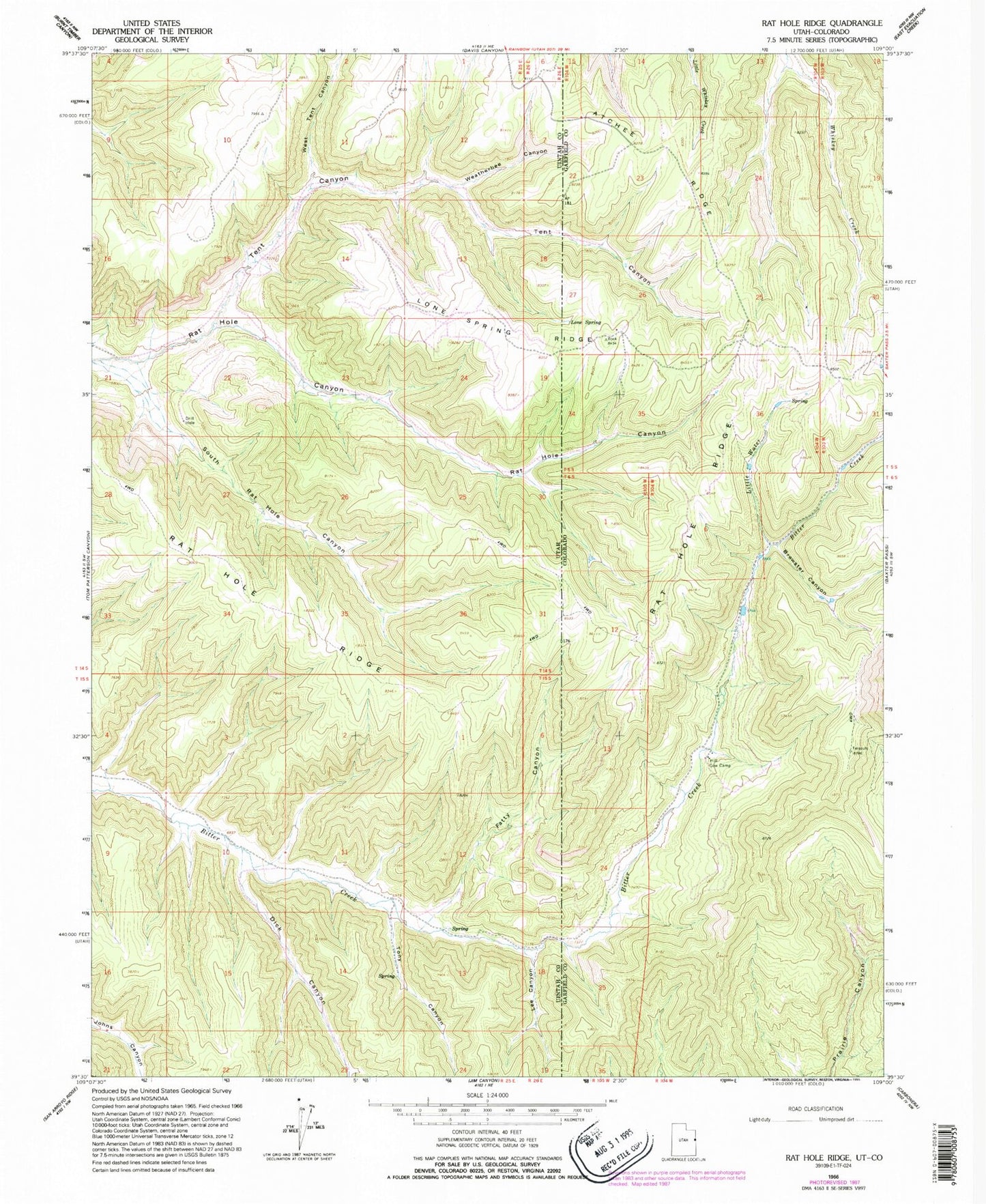 Classic USGS Rat Hole Ridge Utah 7.5'x7.5' Topo Map Image