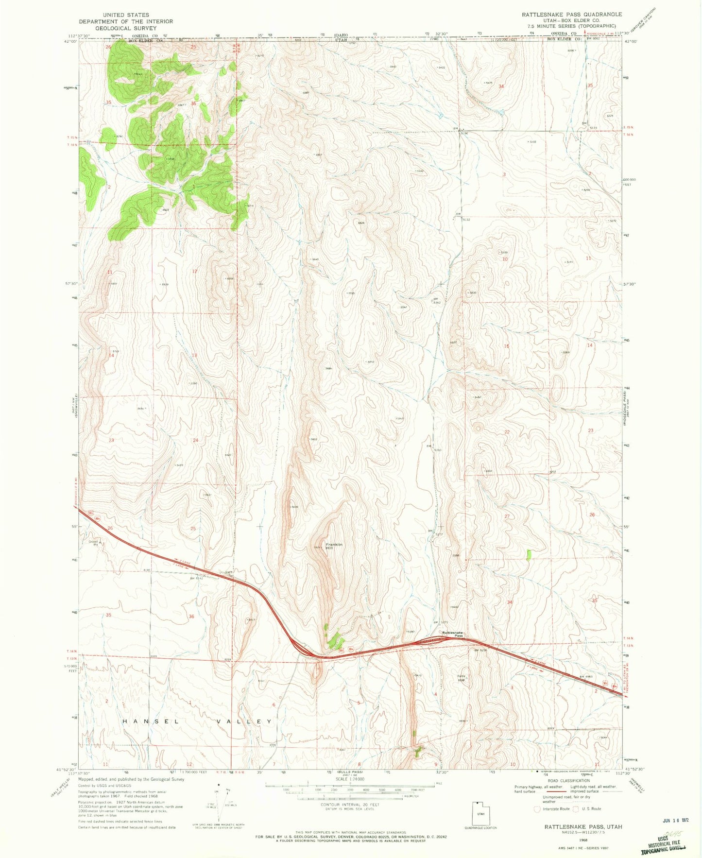 Classic USGS Rattlesnake Pass Utah 7.5'x7.5' Topo Map Image