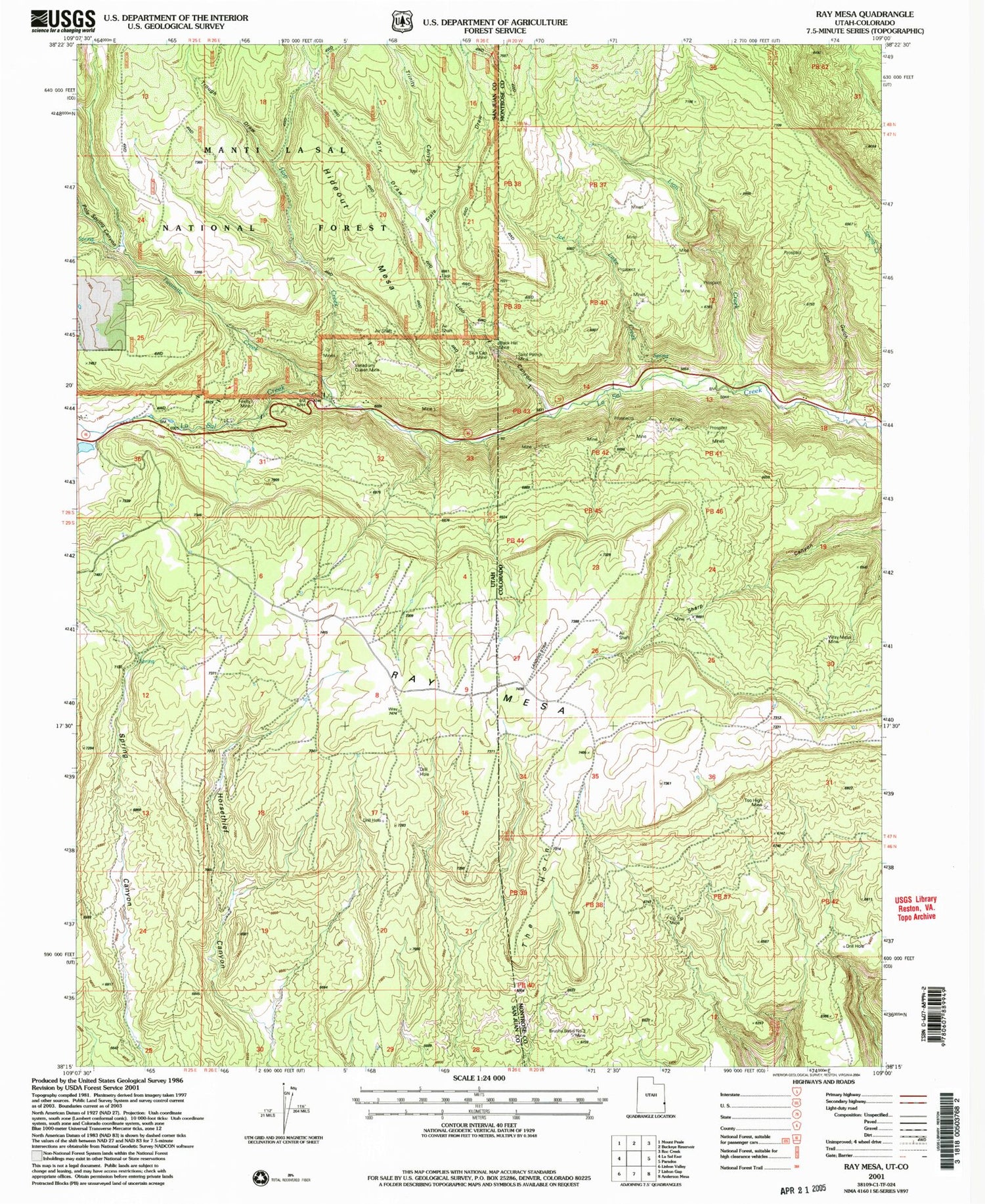 Classic USGS Ray Mesa Utah 7.5'x7.5' Topo Map Image