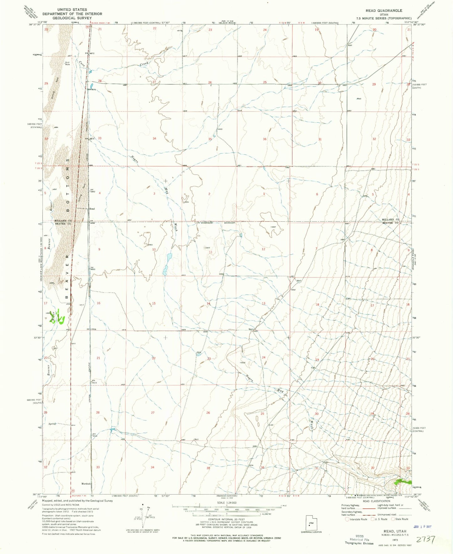 Classic USGS Read Utah 7.5'x7.5' Topo Map Image