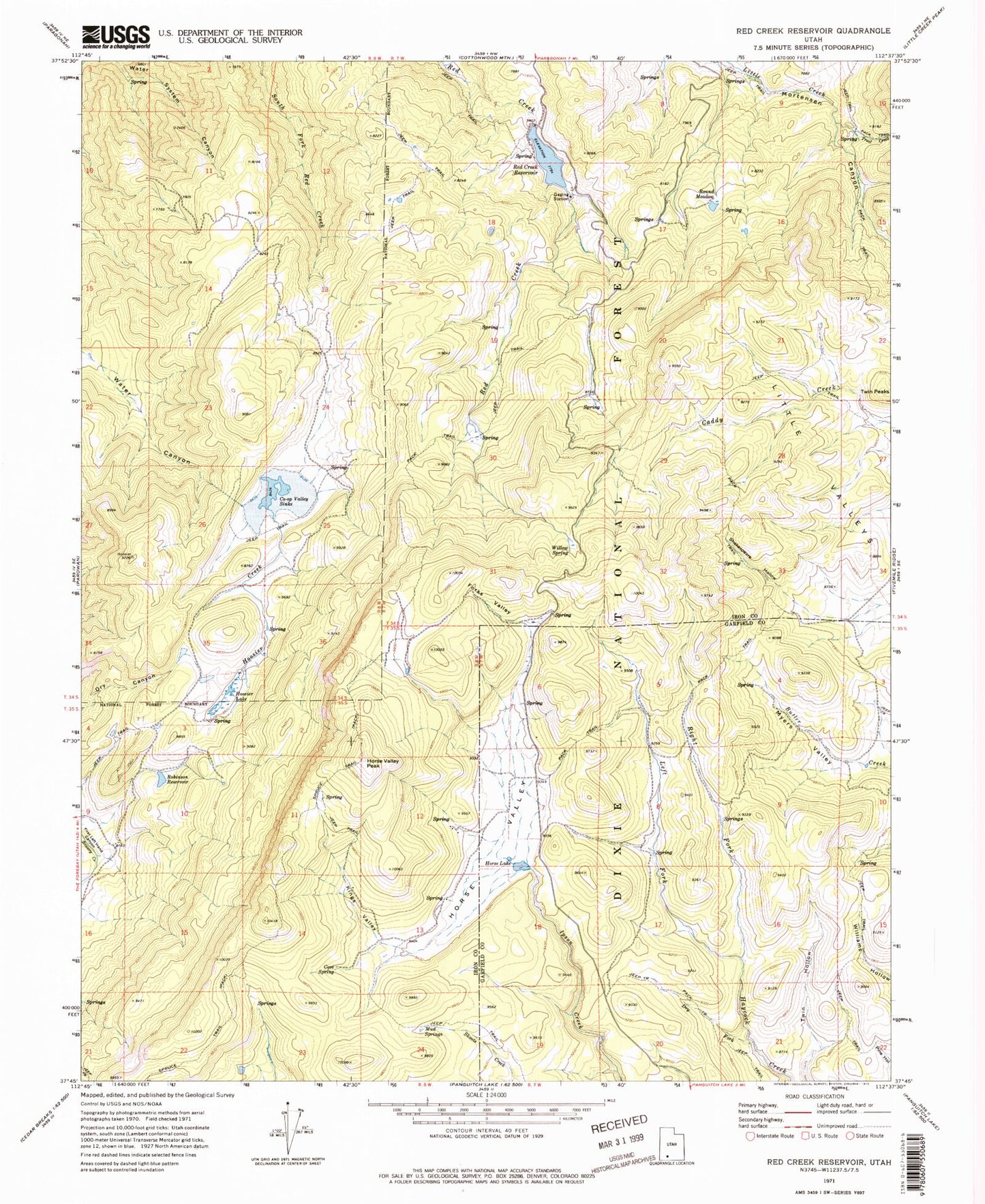 Classic USGS Red Creek Reservoir Utah 7.5'x7.5' Topo Map Image