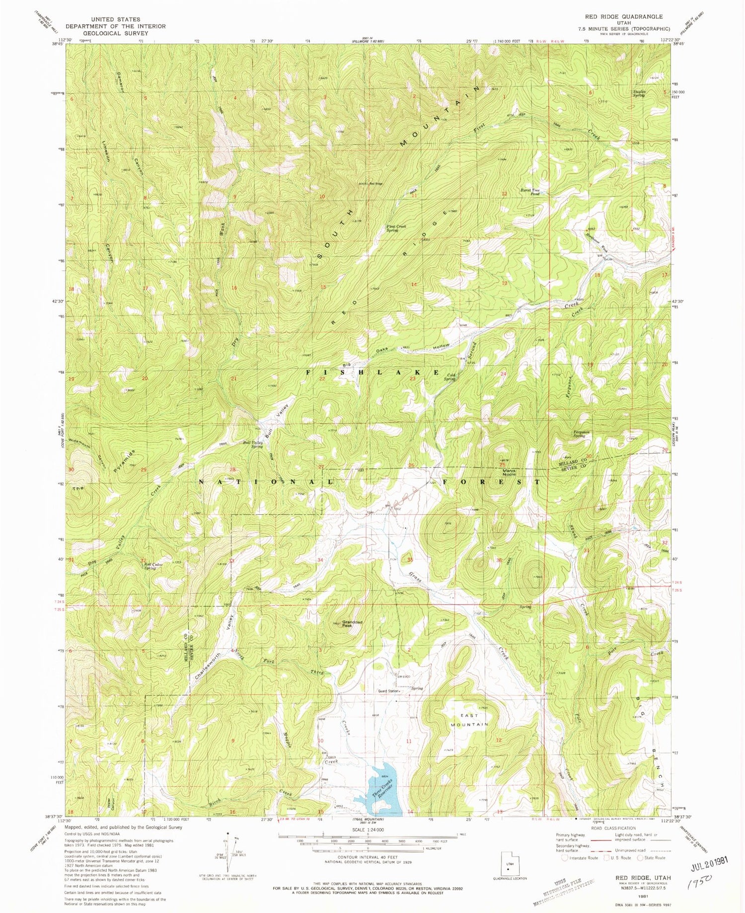 Classic USGS Red Ridge Utah 7.5'x7.5' Topo Map Image