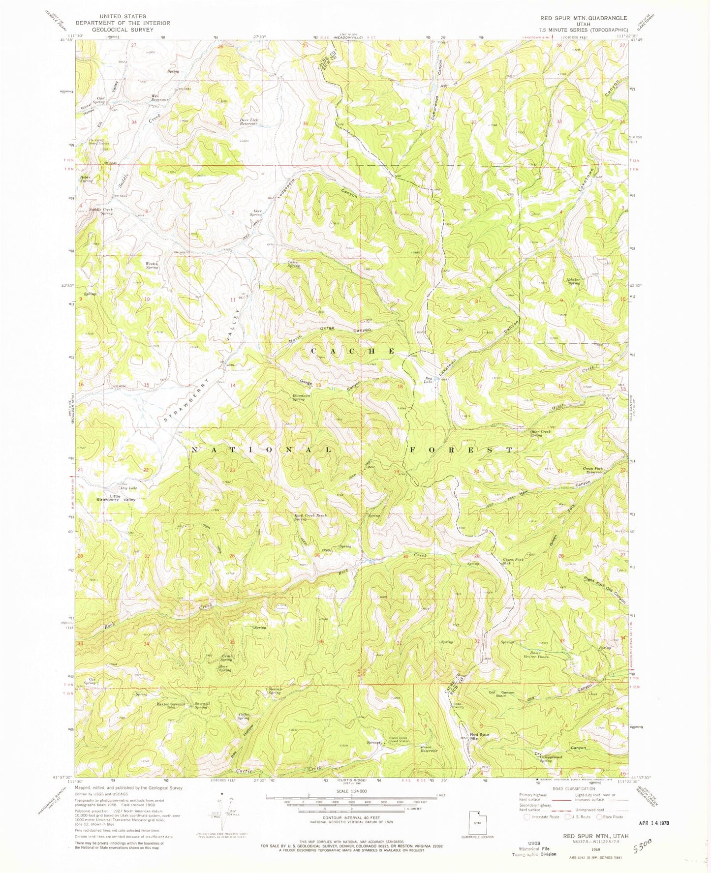 Classic USGS Red Spur Mountain Utah 7.5'x7.5' Topo Map Image
