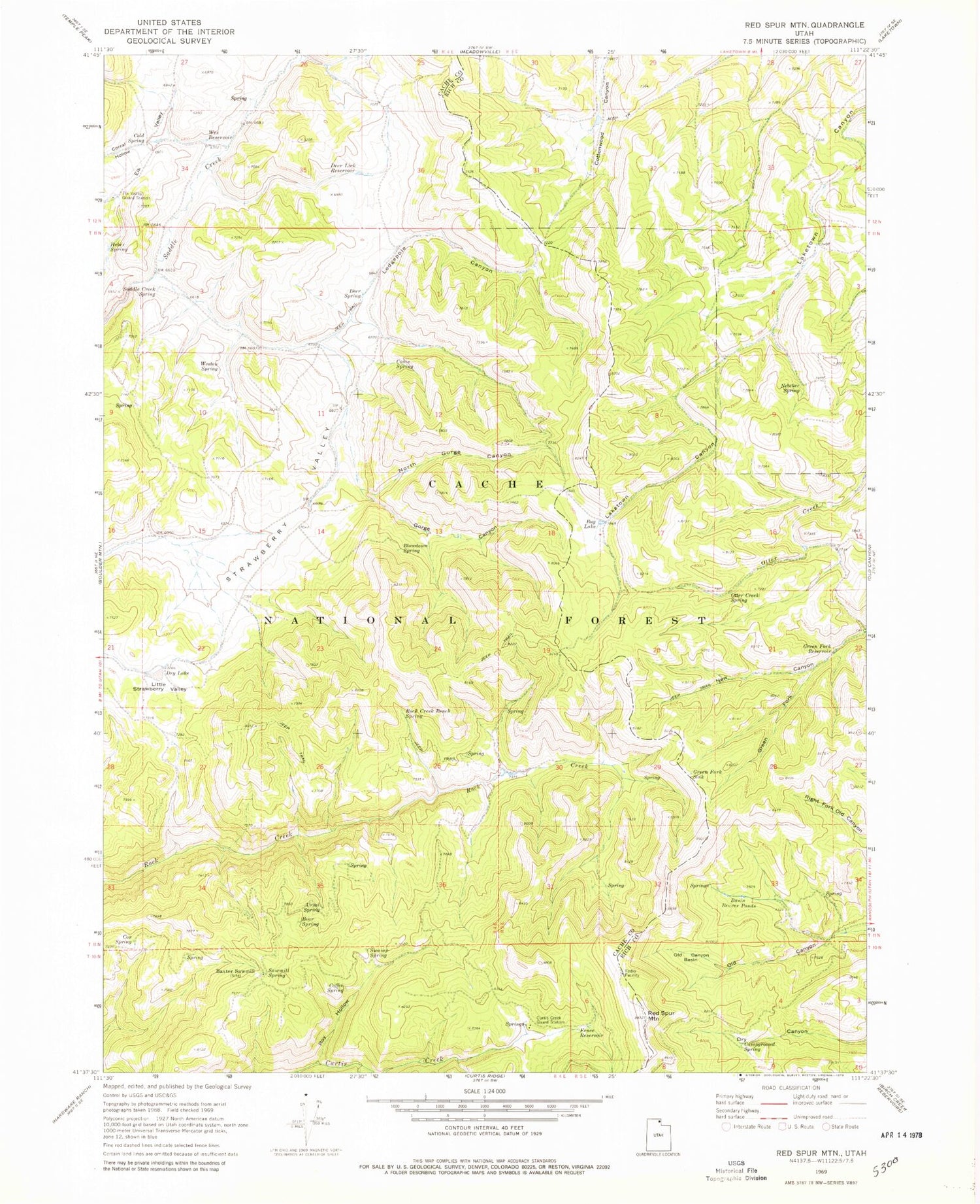 Classic USGS Red Spur Mountain Utah 7.5'x7.5' Topo Map Image