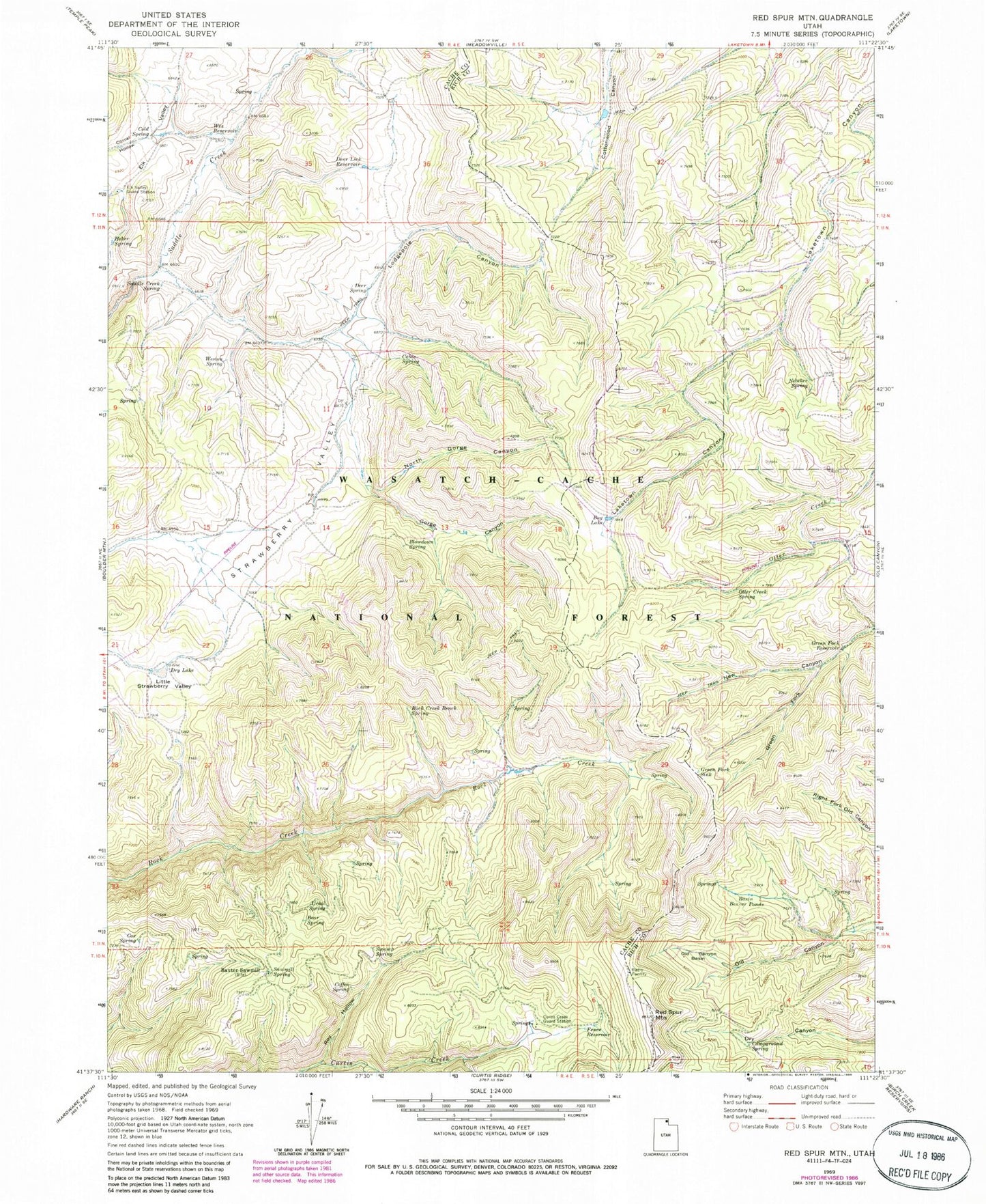 Classic USGS Red Spur Mountain Utah 7.5'x7.5' Topo Map Image